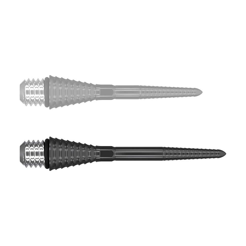 380173_Target_Titanium_Swiss_Point_Grooved_Conversion_Points_Schwarz_30mm_1xW3TanlBiZ0mJ Das Bild zeigt zwei schwarze, gerillte Titaniumpunkte für Darts. Sie haben ein konisches, silbern-geriffeltes Gewinde an einem Ende und eine spitze, schmale Form am anderen Ende.