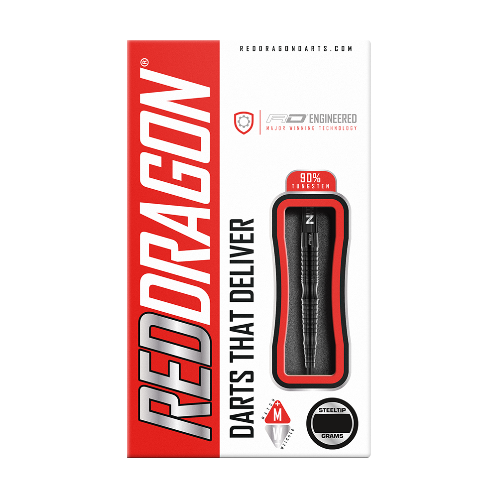 Auf dem Bild ist die Verpackung der "Red Dragon Razor Edge Extreme Steeldarts" zu sehen. Die Verpackung ist überwiegend in Rot und Weiß gehalten und zeigt die Darts sowie Hinweise auf 90% Tungsten und Steeltip.