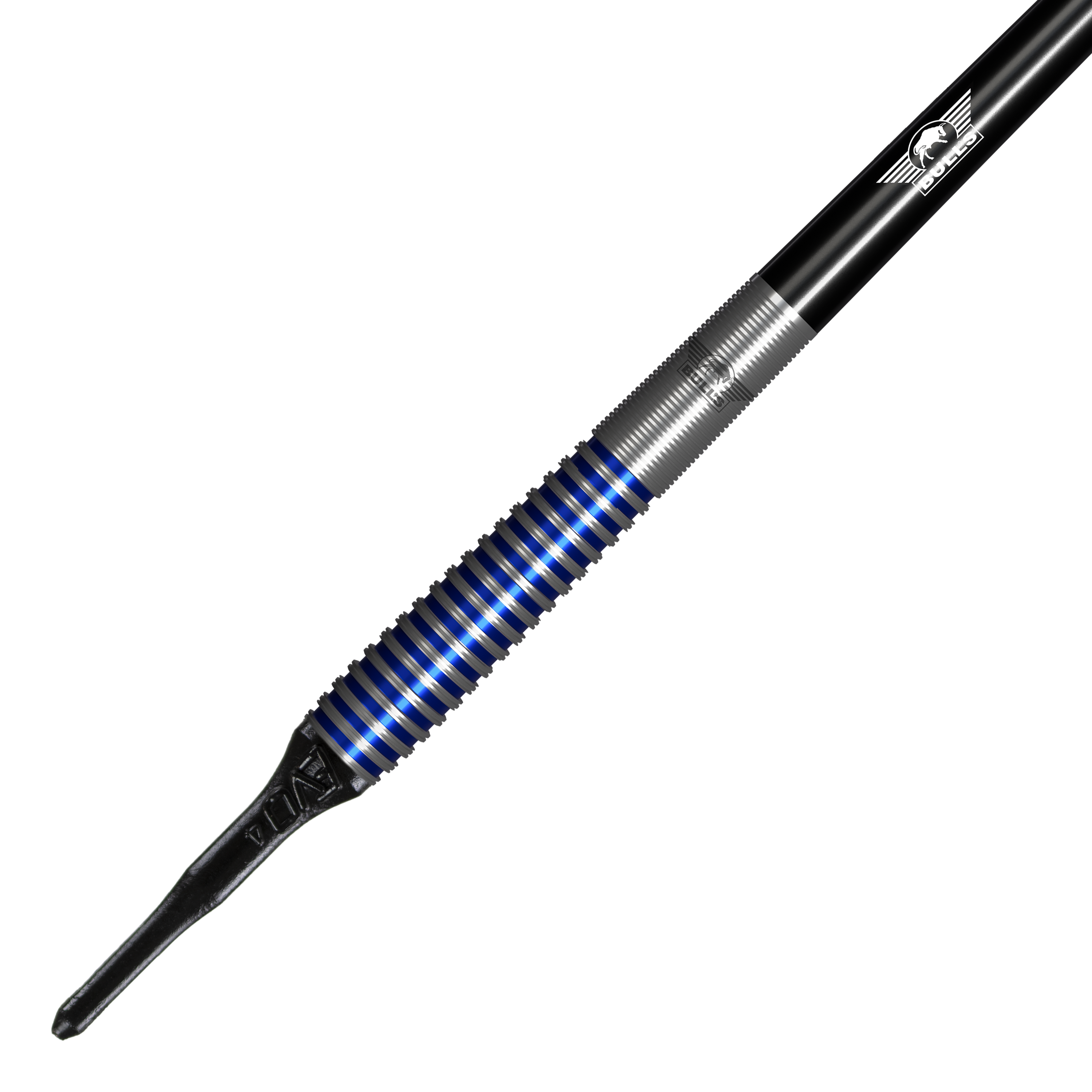 Bulls NL Romeo Grbavac Softdarts- 19g Das Bild zeigt einen Bulls NL Romeo Grbavac Softdart mit einem Gewicht von 19 Gramm. Der Dart hat ein silbernes Griffstück mit blauen Ringen und eine schwarze Spitze.