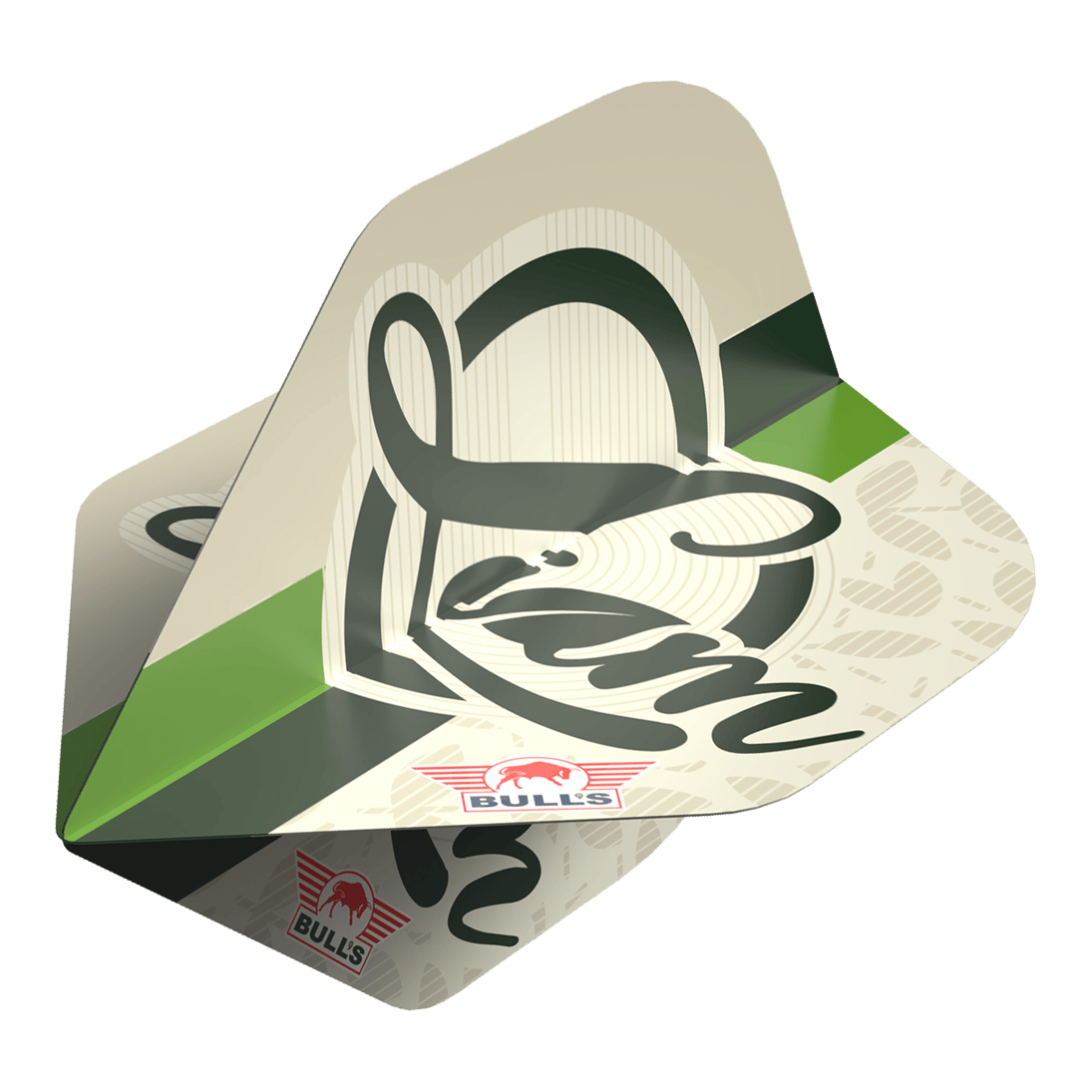 Bulls NL Player 100 Liam Maendl Lawrance No2 Standard Flights Das Bild zeigt ein Dart-Flights-Set mit dem Namen "Bulls NL Player 100 Liam Maendl Lawrance No2 Standard Flights". Die Flights sind beige mit grünen und schwarzen Akzenten und tragen das Bulls-Logo sowie den Schriftzug "Liam".