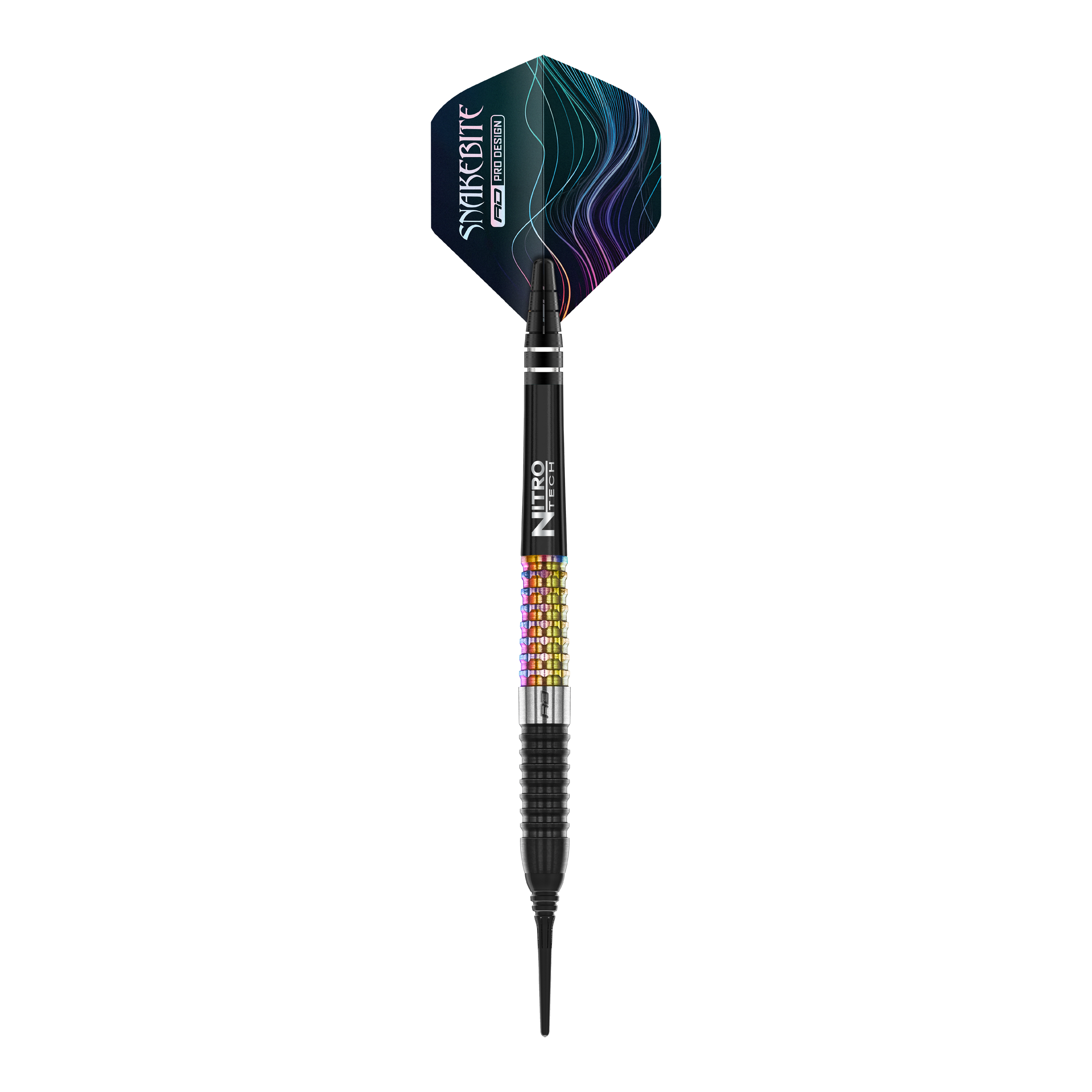 Das Bild zeigt einen Red Dragon Peter Wright Corra Softdart mit einem Gewicht von 18 Gramm. Der Dart hat bunte Griffbereiche und einen schwarz-blauen Flight mit dem Aufdruck "Snakesbite".