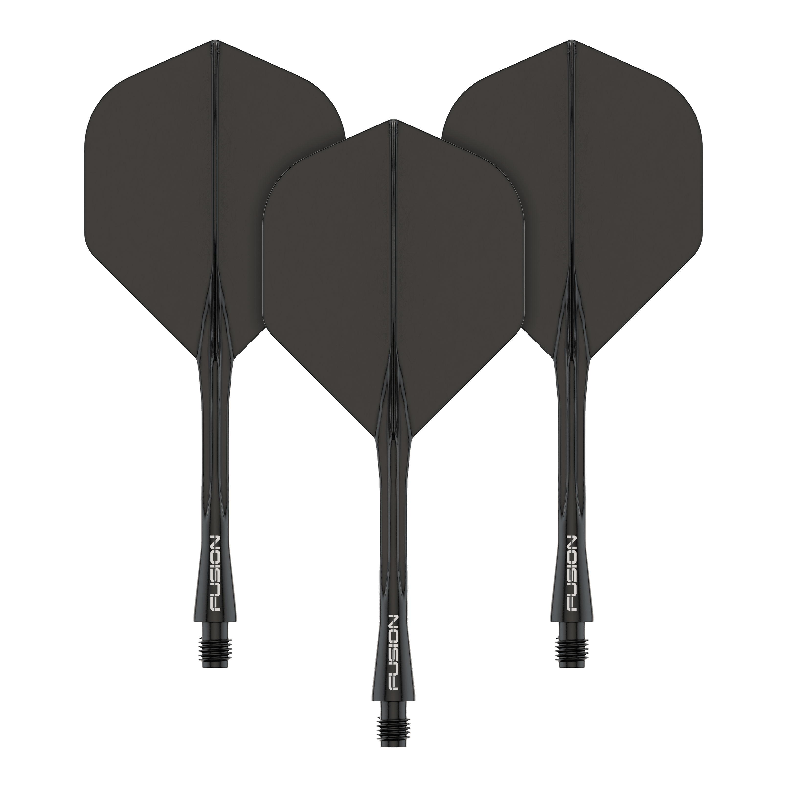 Winmau Fusion Flight Shaft System Standard Schwarz Auf dem Bild sind drei schwarze Dartflights mit Schäften zu sehen. Auf den Schäften steht das Wort "FUSION" in weißer Schrift.