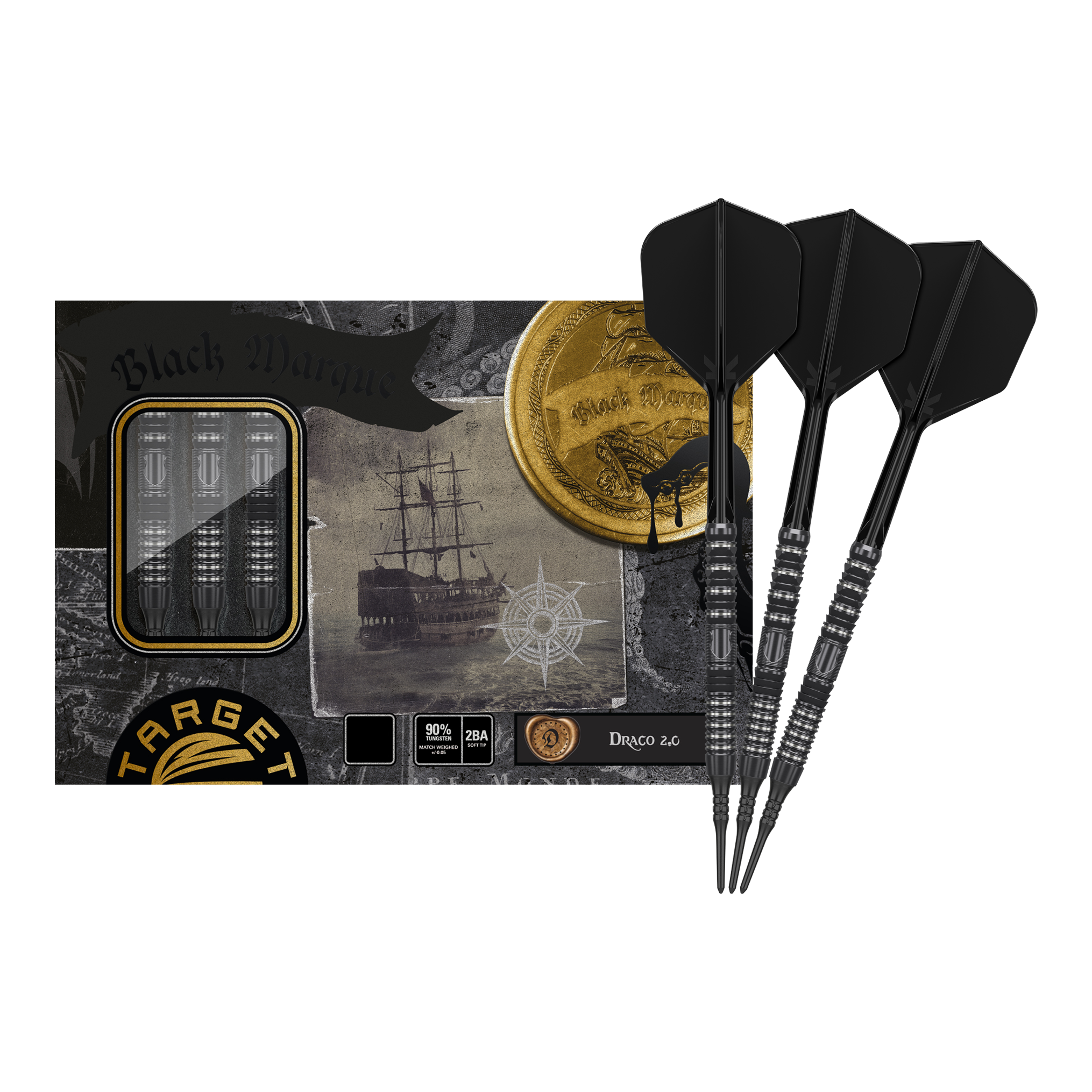 Das Bild zeigt das Produkt "Target Japan Black Marque Draco GEN2 Softdarts - 20g" in einer ansprechend gestalteten Verpackung. Drei schwarze Softdarts liegen neben der Verpackung, die im Piratenstil mit Goldmünzen und einem Schiff illustriert ist.