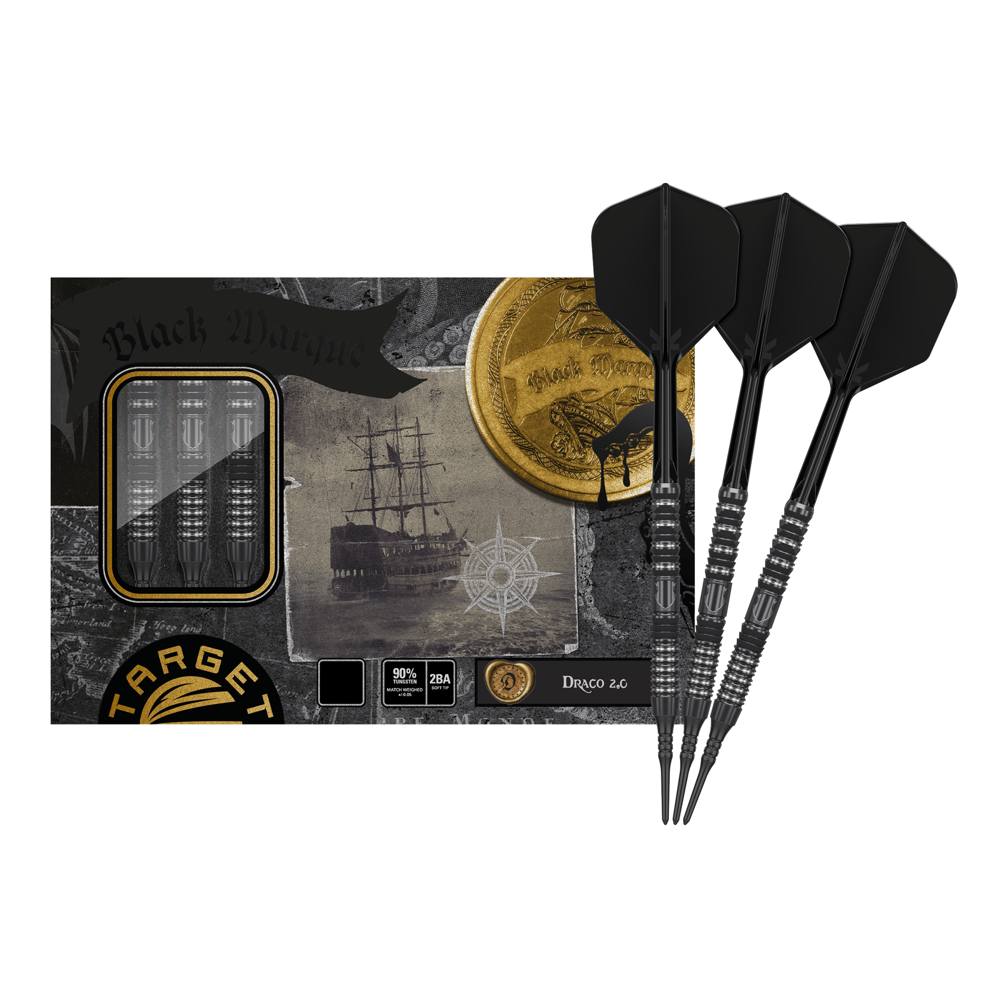 Target Japan Black Marque Draco GEN2 Softdarts - 20g Das Bild zeigt das Produkt "Target Japan Black Marque Draco GEN2 Softdarts - 20g" in einer ansprechend gestalteten Verpackung. Drei schwarze Softdarts liegen neben der Verpackung, die im Piratenstil mit Goldmünzen und einem Schiff illustriert ist.