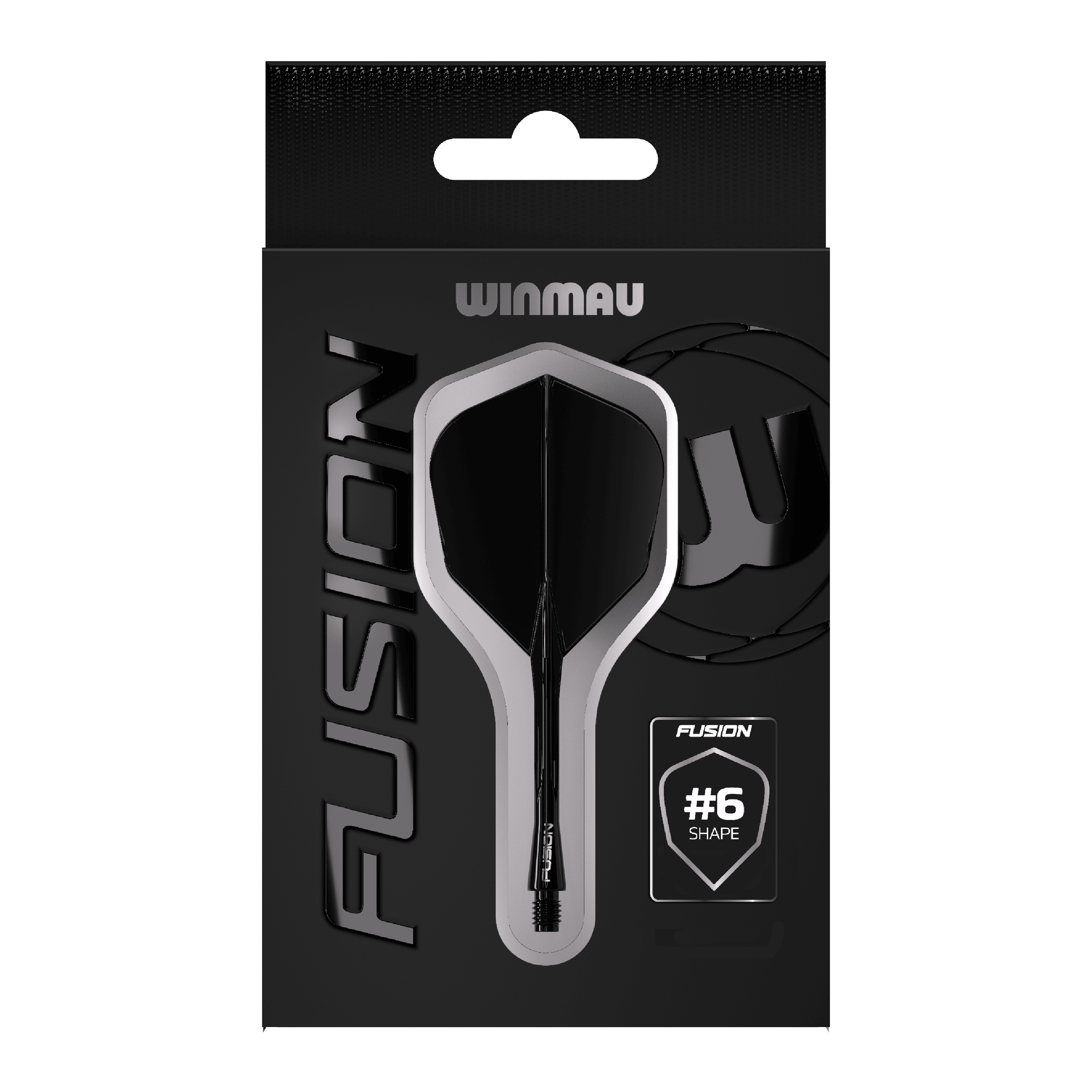 Winmau Fusion Flight-Shaft-System No6 Schwarz Das Bild zeigt eine Verpackung des Winmau Fusion Flight Shaft Systems in Schwarz. Auf der Verpackung steht, dass es sich um die Form Nummer 6 handelt.