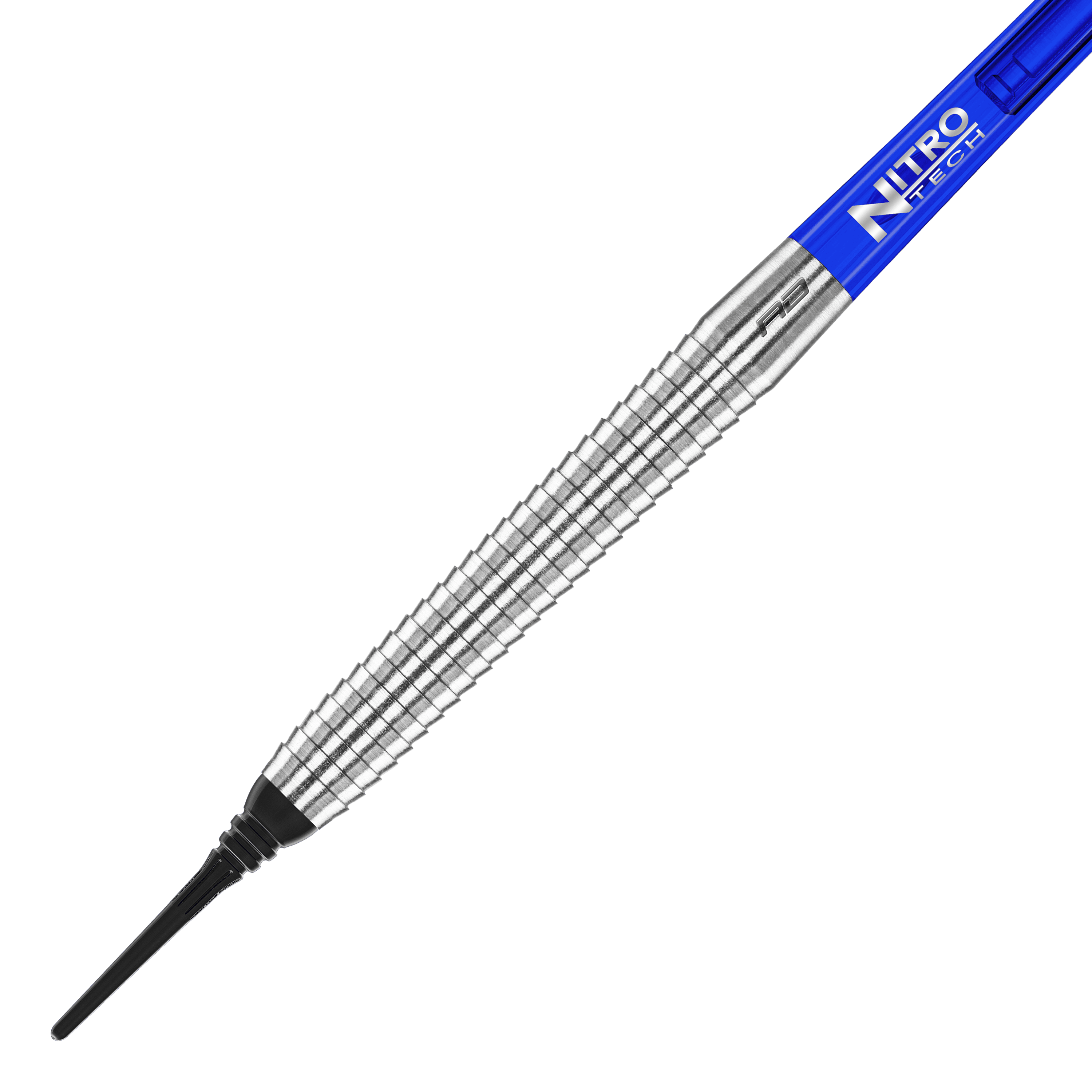 Das Bild zeigt einen Red Dragon Razor Edge Original Softdart mit 20g Gewicht. Der Dart hat einen geriffelten silbernen Schaft und ein blaues Flight mit der Aufschrift „Nitro Tech“.