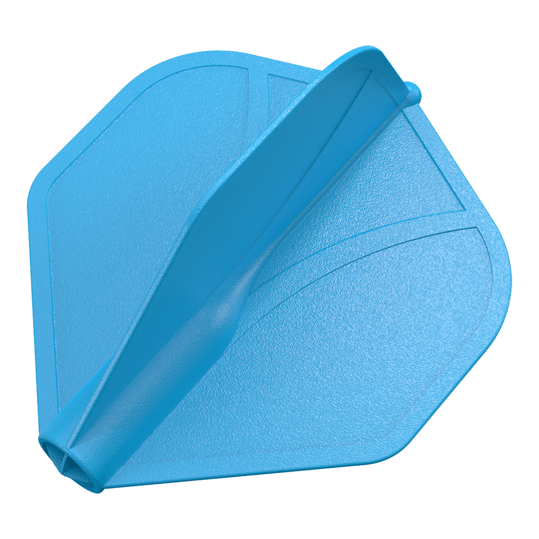 Shot Airfoil Moulded No2 Standard Flights Das Bild zeigt ein blaues Dartflügel-Set mit strukturierter Oberfläche. Die Flügel sind in einer aerodynamischen Form modelliert.