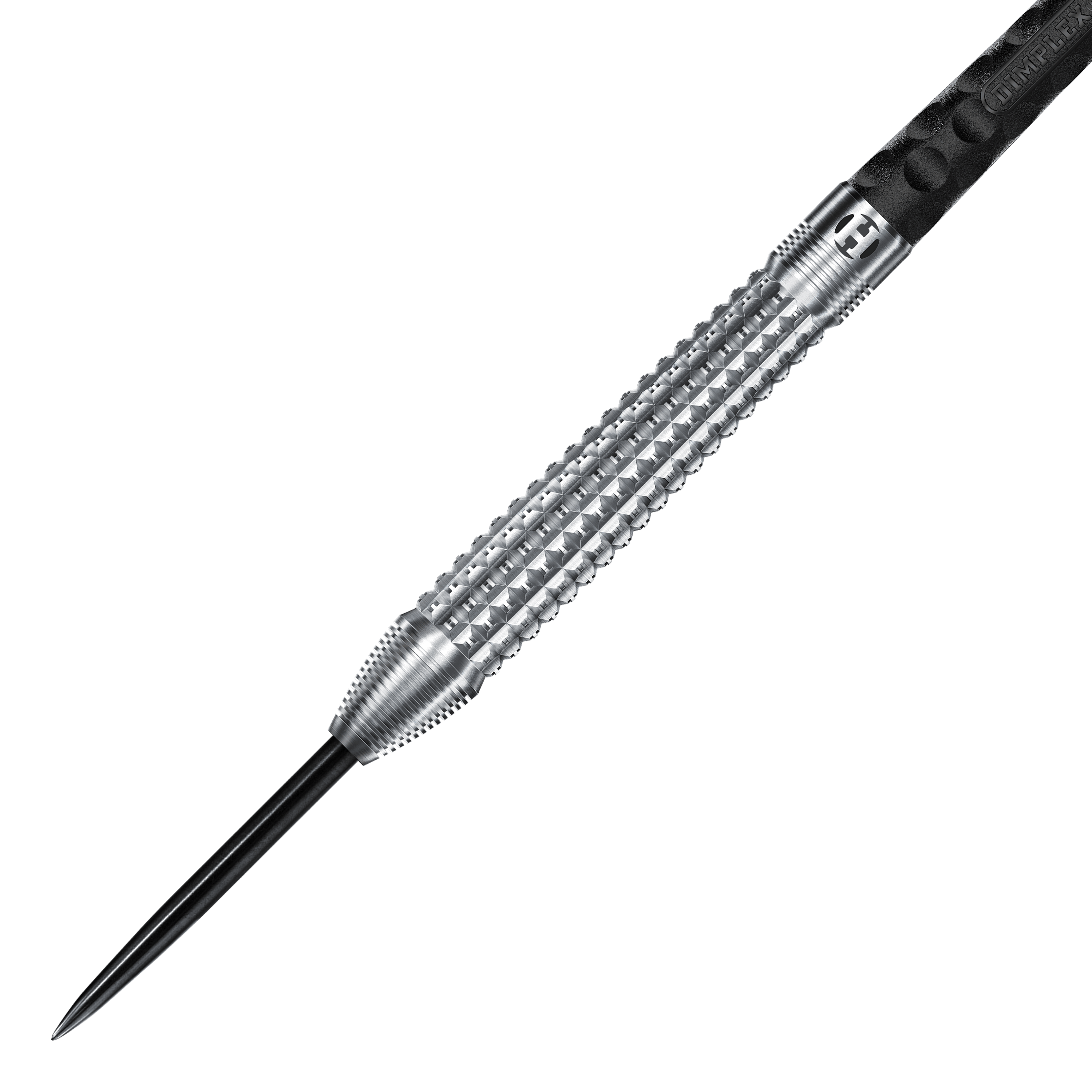 Harrows Dimplex S3 Tapered Steeldarts Auf dem Bild ist ein Harrows Dimplex S3 Tapered Steeldart zu sehen. Der Dartpfeil hat eine silberne, strukturierte Griffzone und eine scharfe Stahlspitze.