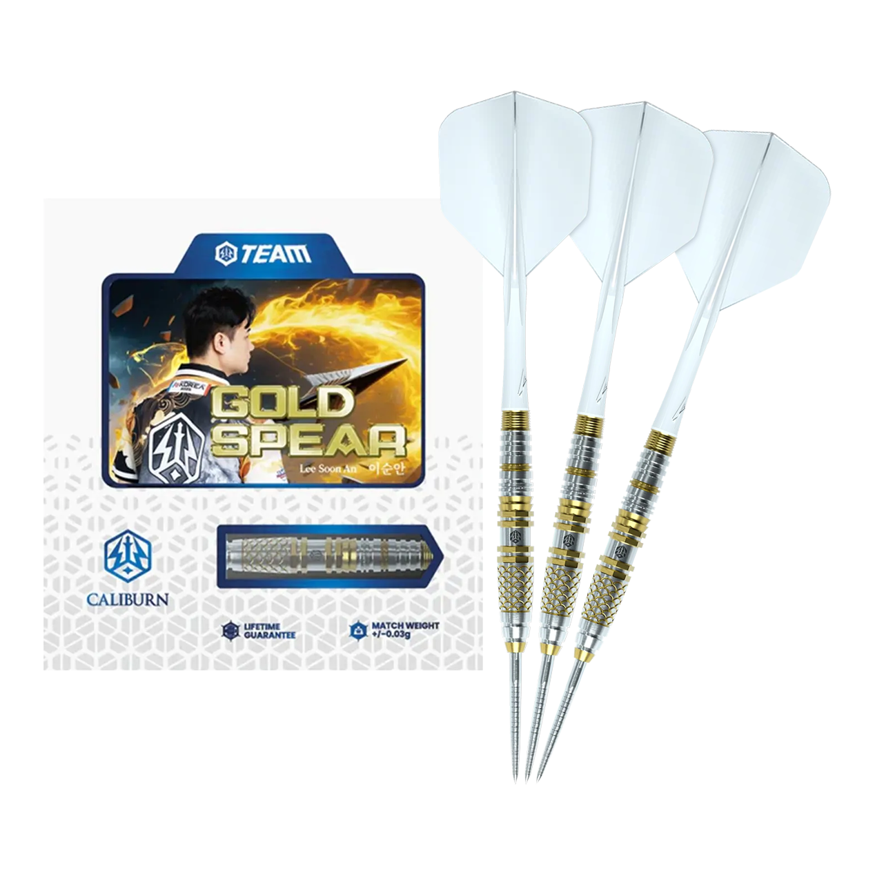 Caliburn Players Darts Lee Soon An Gold Spear Steeldarts - 23g Hier sieht man die Caliburn Players Darts Lee Soon An Gold Spear Steeldarts mit 23 Gramm. Die Steeldarts sind für Präzision und Kontrolle beim Spiel entwickelt.