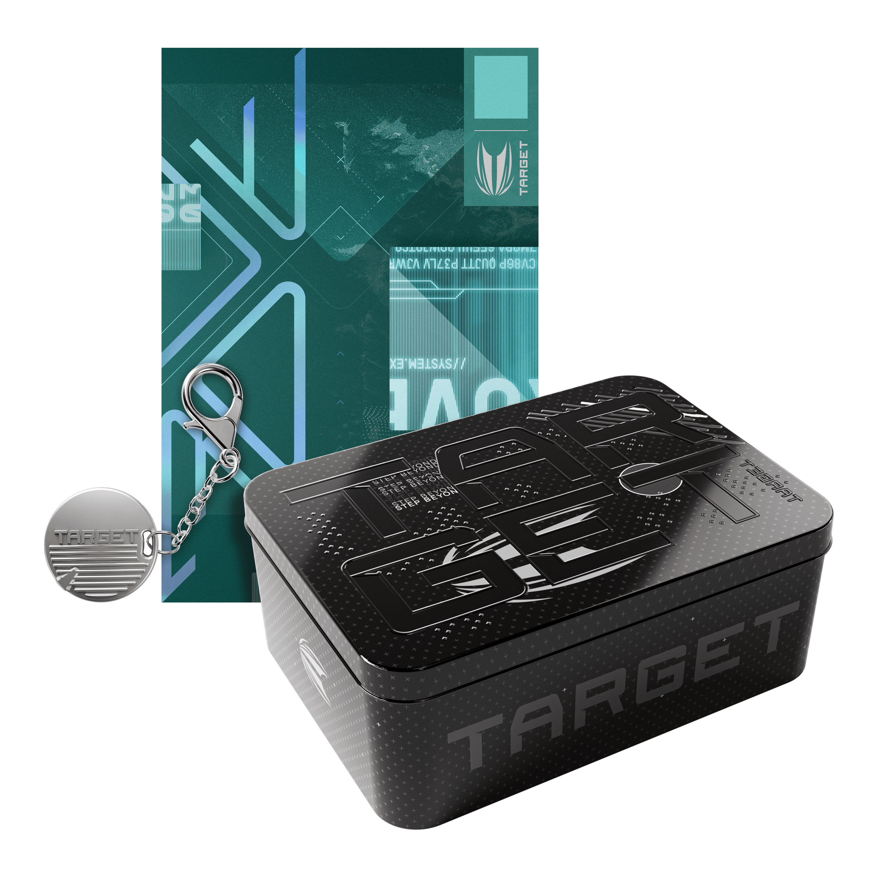 Das Bild zeigt eine schwarze Box mit der Aufschrift "TARGET", einen runden Schlüsselanhänger und eine türkisfarbene Karte mit modernen grafischen Elementen. Alle Gegenstände haben ein einheitliches, futuristisches Design.