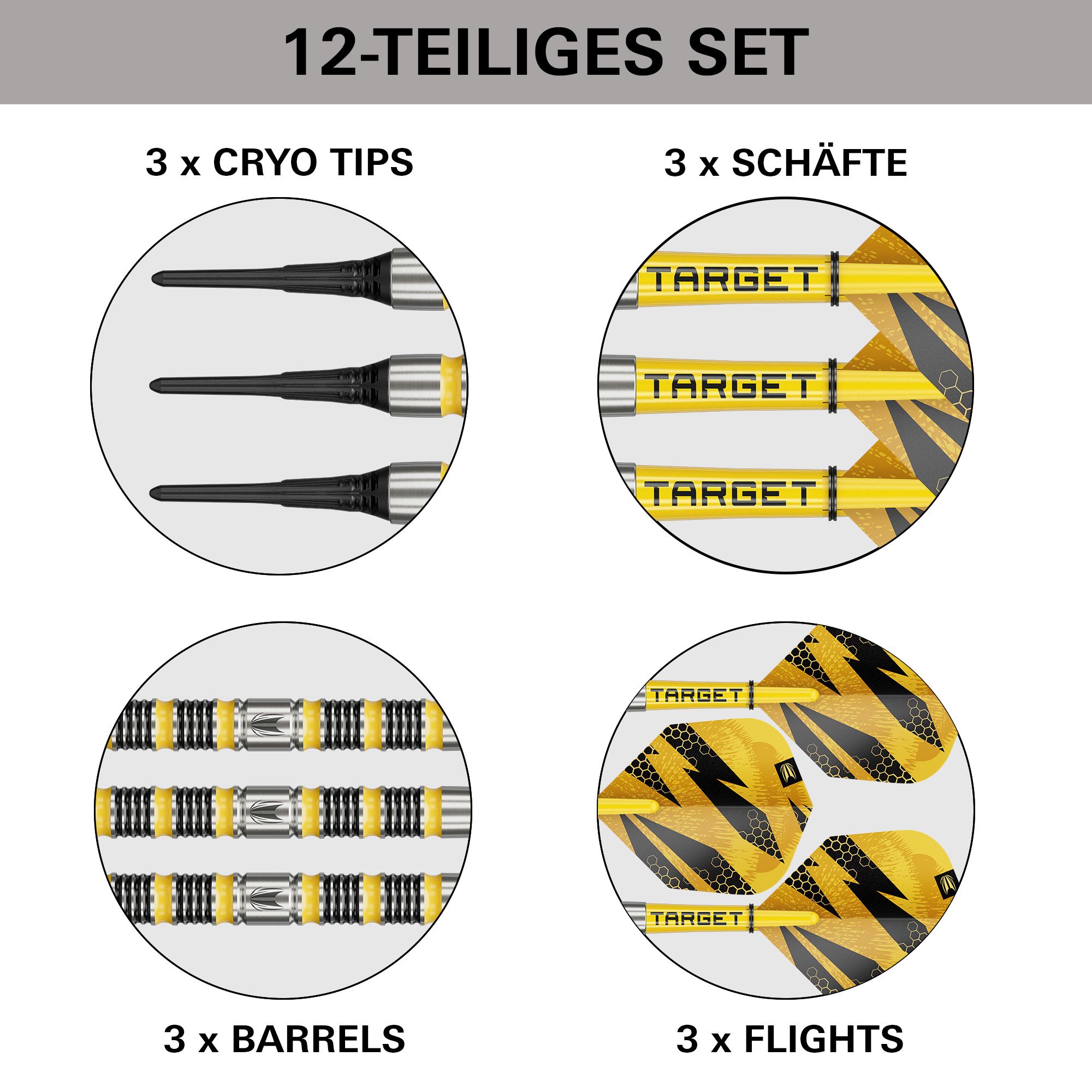 Dies ist ein Bild von Target Buzz 11 Softdarts. Es zeigt ein Set Darts für das Softdartspiel.