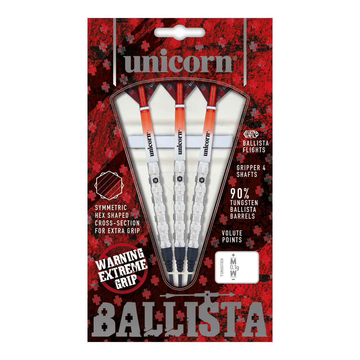 Unicorn Ballista Style 1 Softdarts Das Bild zeigt die Verpackung der "Unicorn Ballista Style 1 Softdarts". In der Packung befinden sich drei Softdarts mit weiß-roten Flights und silbernen Griffen.