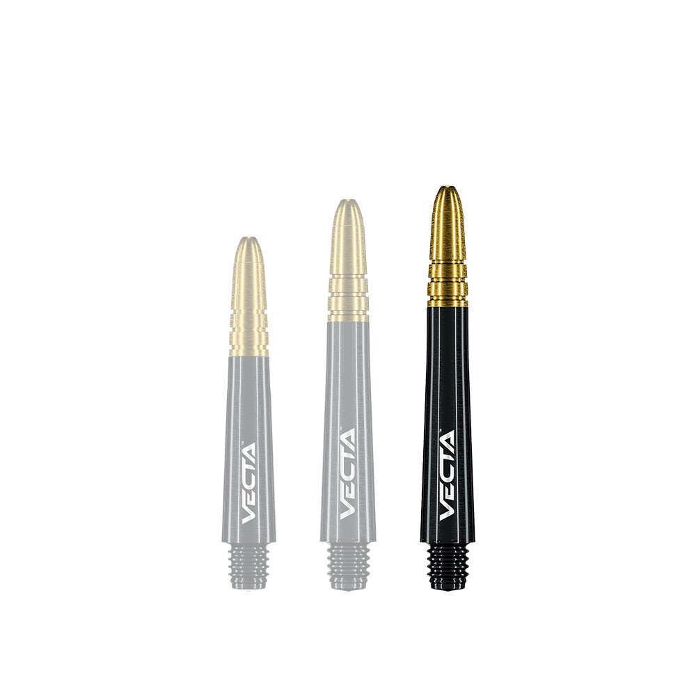 7025-209_Winmau_Vecta_Shafts_Schwarz_Gold_40mm_1KlcNq2vNI8o9D Auf dem Bild sind drei Dartschäfte zu sehen. Sie sind schwarz mit goldener Spitze und haben die Aufschrift "Vecta".