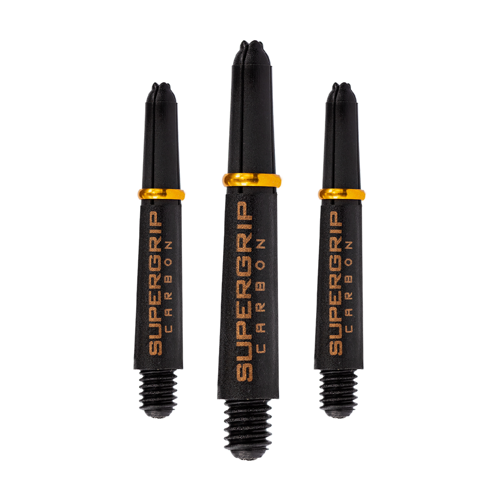 Das Bild zeigt drei schwarze Harrows Supergrip Carbon Shafts mit goldenen Ringen. Die Aufschrift "SUPERGRIP CARBON" ist deutlich auf jedem Schaft zu erkennen.