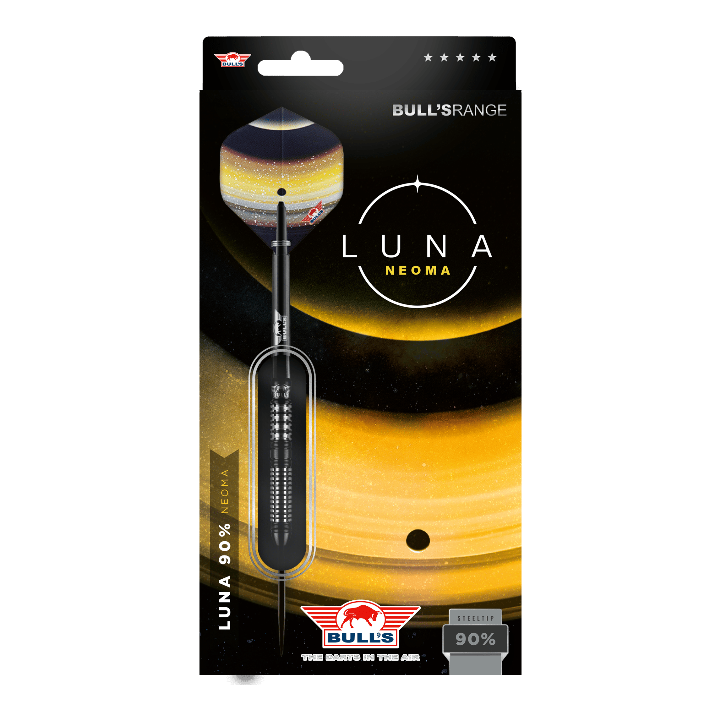 Bulls NL Luna Neoma Steeldarts Das Bild zeigt die Verpackung der Steeldarts "Bulls NL Luna Neoma". Die Verpackung ist in dunklen Farben mit gelben Akzenten gestaltet und hebt das Produkt sowie das Logo von Bulls hervor.