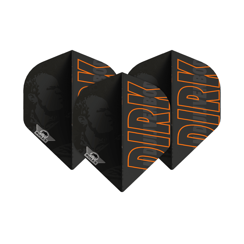 Bulls NL Player 100 Dirk Van Duijvenbode No2 Standard Flights Das Bild zeigt schwarze Dartflights mit dem Namen "DIRK" in großen orangefarbenen Buchstaben. Auf den Flights ist außerdem das Logo von Bulls und ein Porträt im Hintergrund zu sehen.