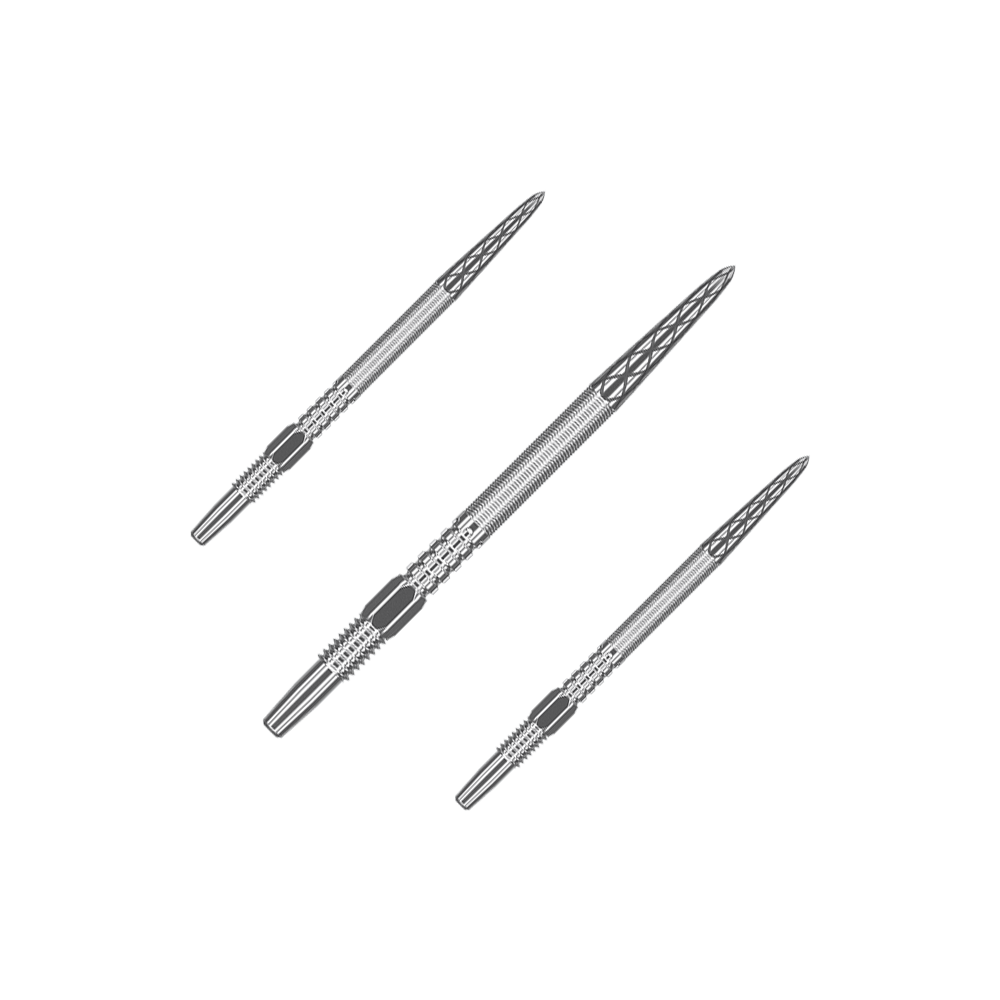 Target Swiss Point DX Dartspitzen - Silver Das Bild zeigt drei silberne Dartspitzen, die nebeneinander angeordnet sind. Jede Spitze hat ein feines, eingraviertes Muster und einen glatten Metallschaft.