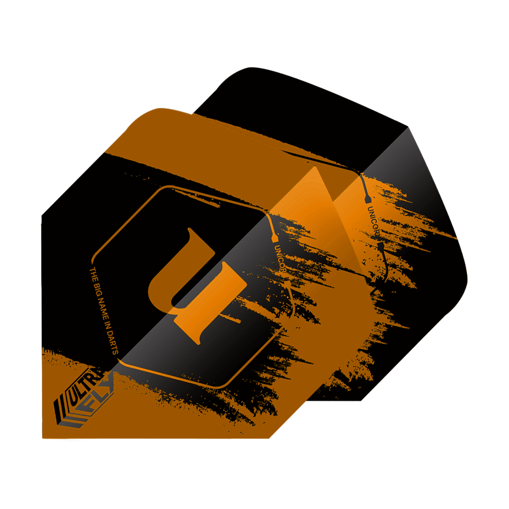 Das Bild zeigt die "Unicorn Ultrafly 100 Team Unicorn Big Wing Flights" in Orange. Die Flights haben ein auffälliges schwarzes und orangefarbenes Design mit dem Buchstaben "u" in der Mitte.