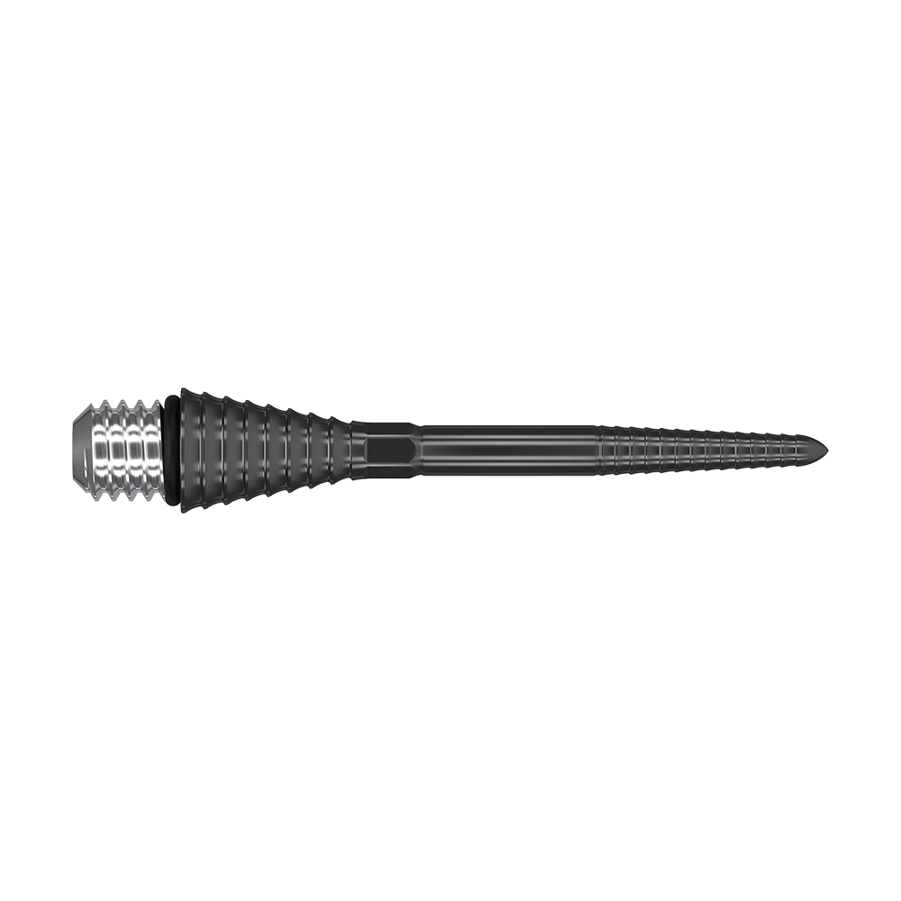 Das Bild zeigt eine schwarz-groovierte Dartspitze mit Metallgewinde. Sie ist lang und schmal mit mehreren Rillen entlang der Spitze.