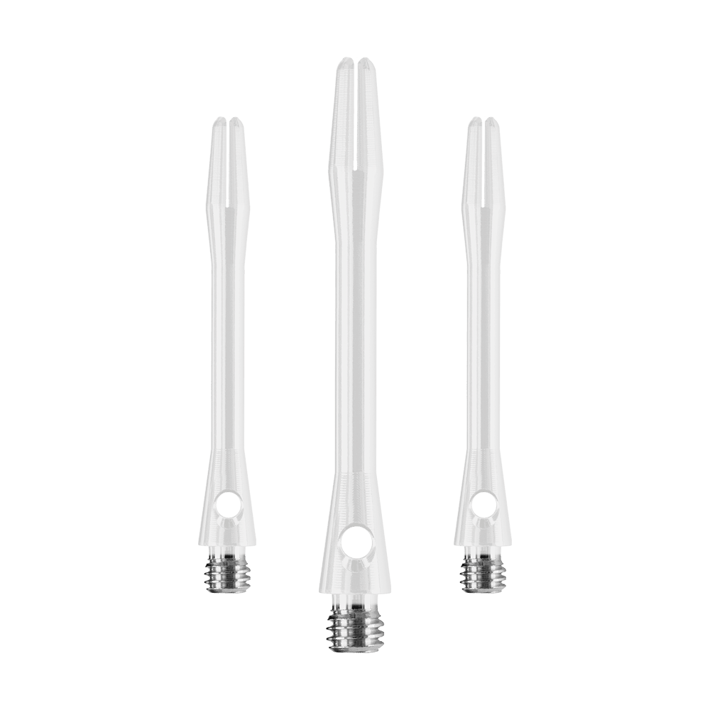 HR373_Harrows_Keramic_Shafts_Weiss_41mm_1GMWRDnji9eW1E Das Bild zeigt drei weiße Harrows Keramic Shafts für Dartpfeile. Sie sind aus robustem Material gefertigt und haben einen Metall-Gewindeanschluss.