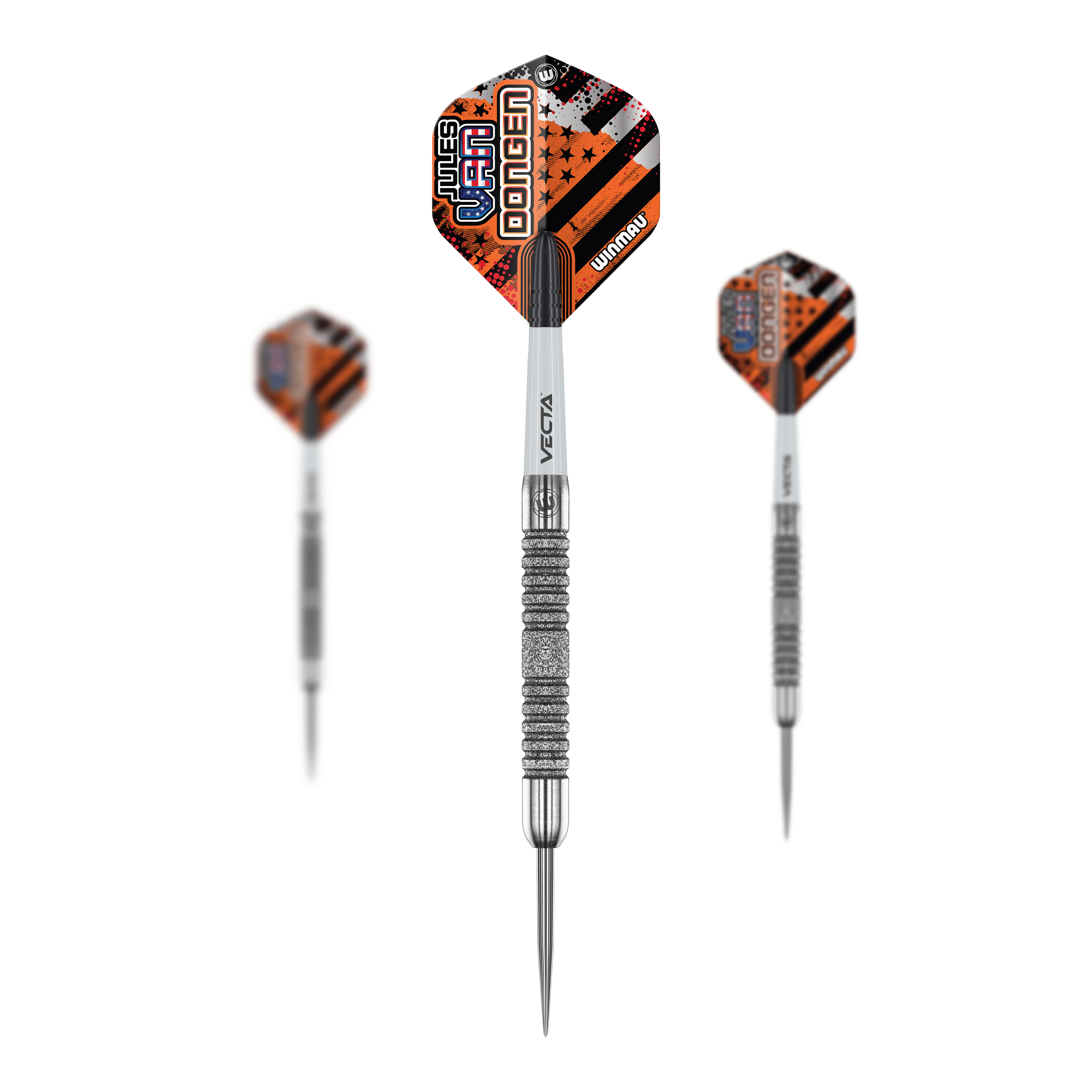 Das Bild zeigt drei Steeldarts des Modells "Winmau Jules Van Dongen - 22g". Die Flights sind auffällig orange-schwarz gestaltet und tragen den Namen "Jules Van Dongen".