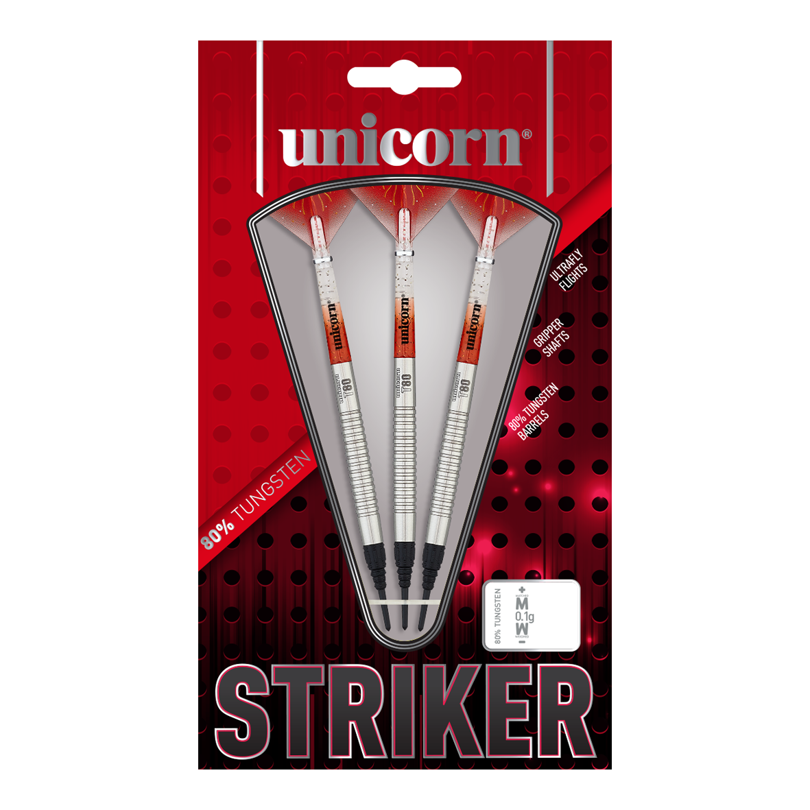 Das Bild zeigt eine Packung der "Unicorn Core XL Striker Style 1 Softdarts - 19g". In der Verpackung befinden sich drei silberfarbene Softdarts mit roten und weißen Details.