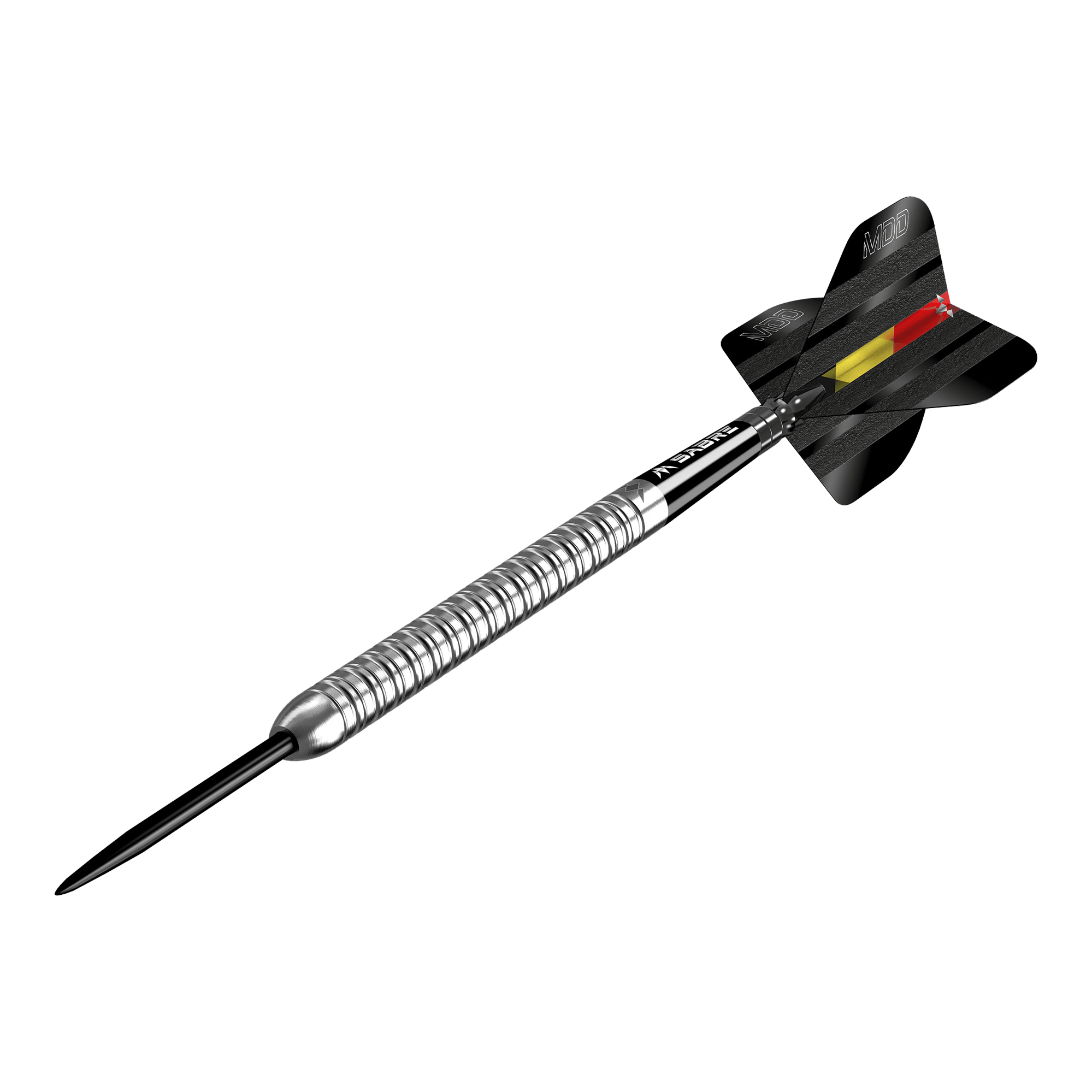 Das Bild zeigt einen silbernen Steeldart mit dem Namen "Mission Mike De Decker MDD Silver Steeldarts". Der Dartpfeil hat eine schwarze Flugfeder mit einem roten und gelben Streifen.