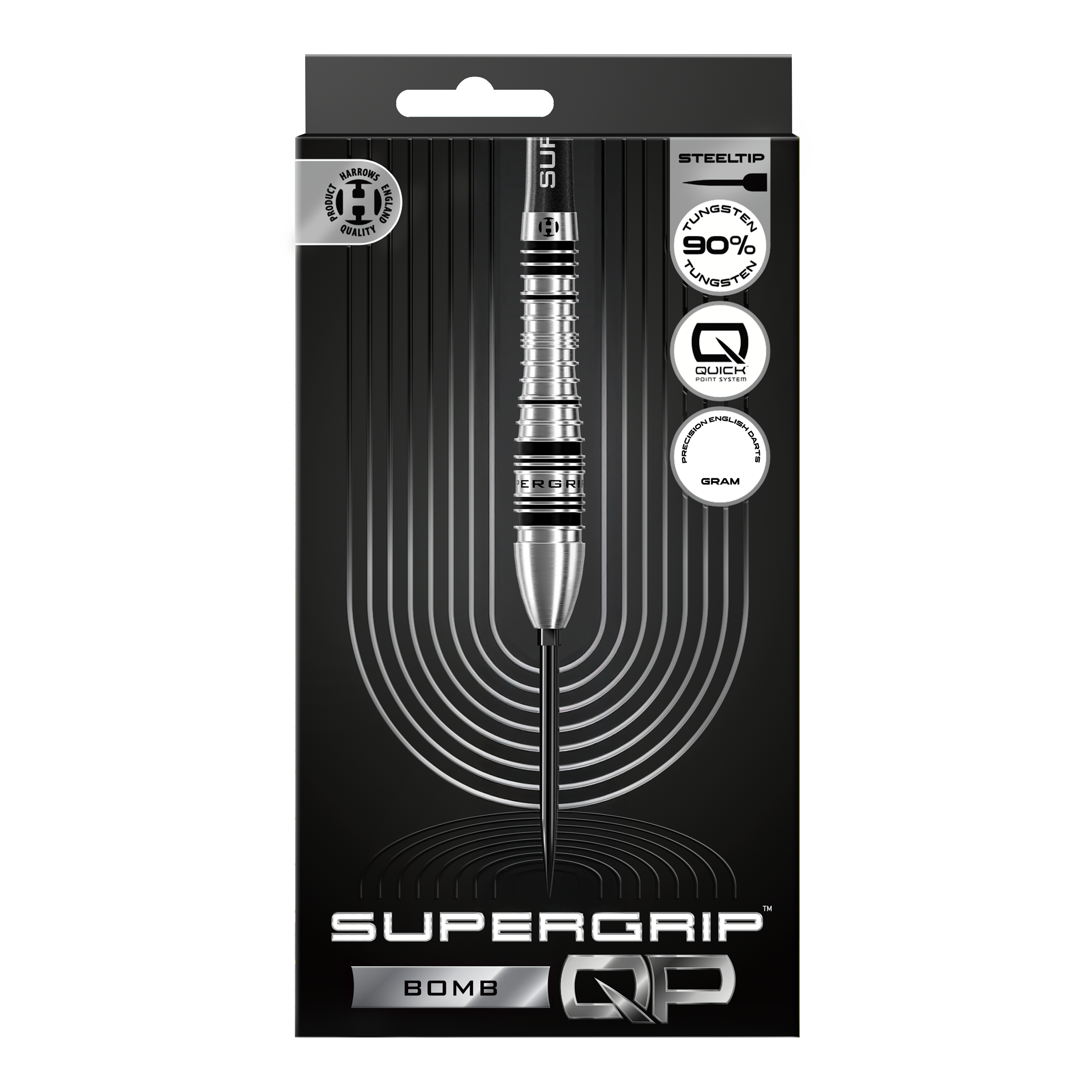 Harrows Supergrip Bomb Quick Point Steeldarts Gezeigt werden die Harrows Supergrip Bomb Quick Point Steeldarts. Das Produkt bietet hohe Kontrolle und Stabilität beim Wurf.