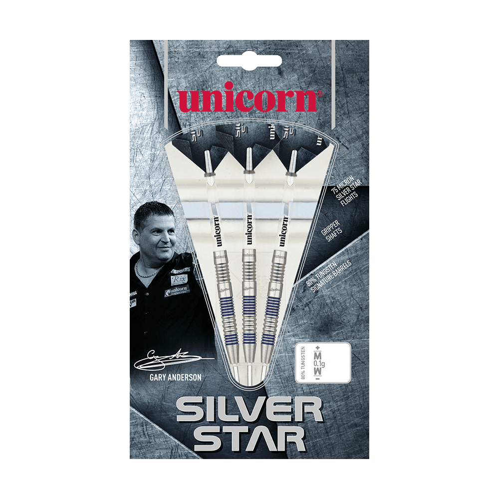 Das Bild zeigt das Produkt "Unicorn Silver Star Var.1 Gary Anderson Steeldarts" in seiner Verpackung. Auf der Verpackung sind drei Steeldarts sowie ein Bild und die Unterschrift von Gary Anderson zu sehen.