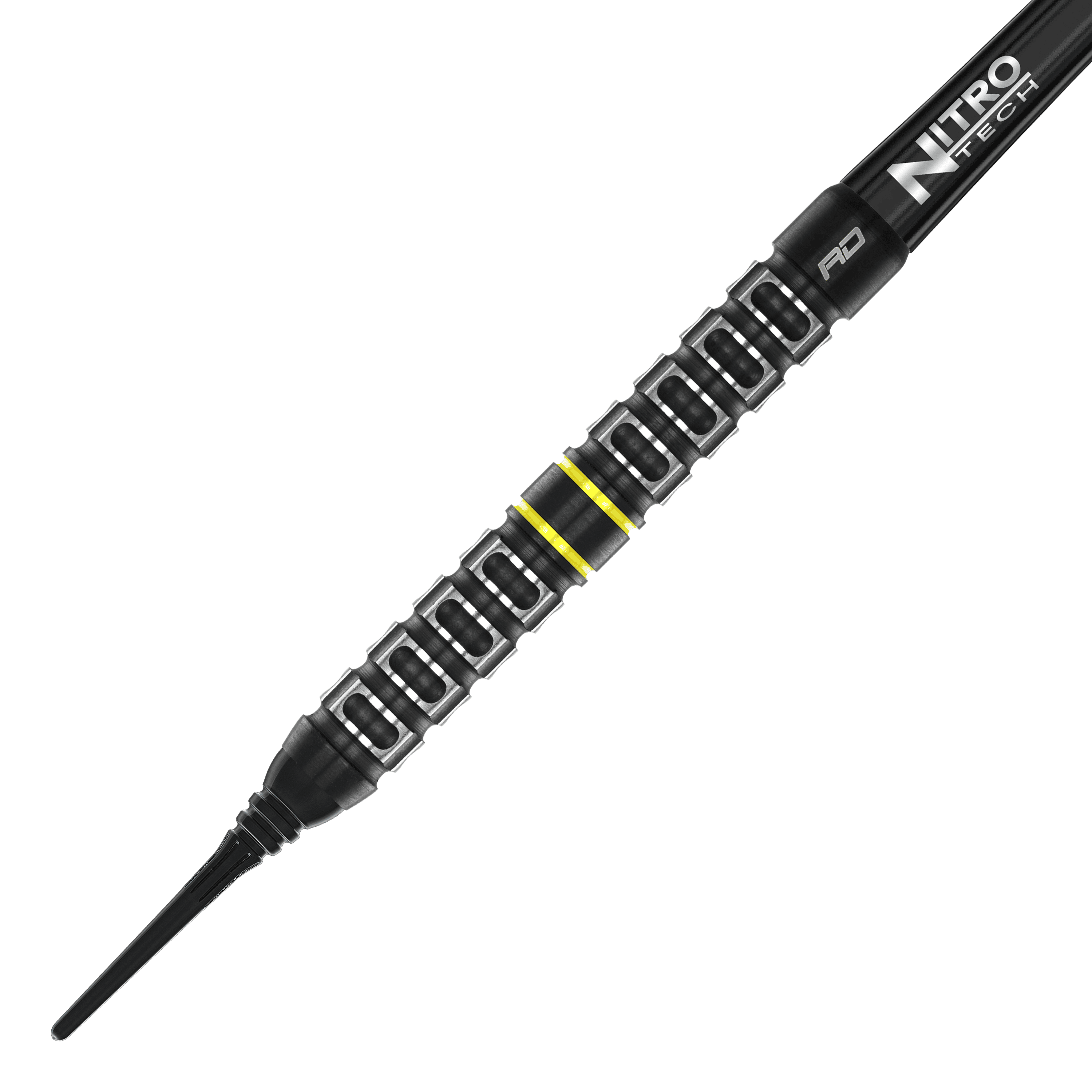 Dies ist ein Red Dragon Astraeus Q4X Parallel Softdart mit einem Gewicht von 20g. Der Dart hat ein schwarzes Design mit gelben Akzenten und einer markanten Griffstruktur.
