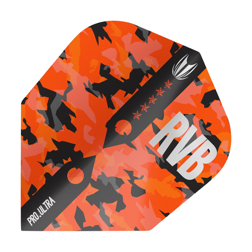 Das Bild zeigt das Produkt "Target ProUltra Barney Army Camo Ten-X Flights". Das Flight ist in einem orange-schwarzen Camouflage-Muster mit den Aufschriften "RVB" und "Pro.Ultra" gestaltet.
