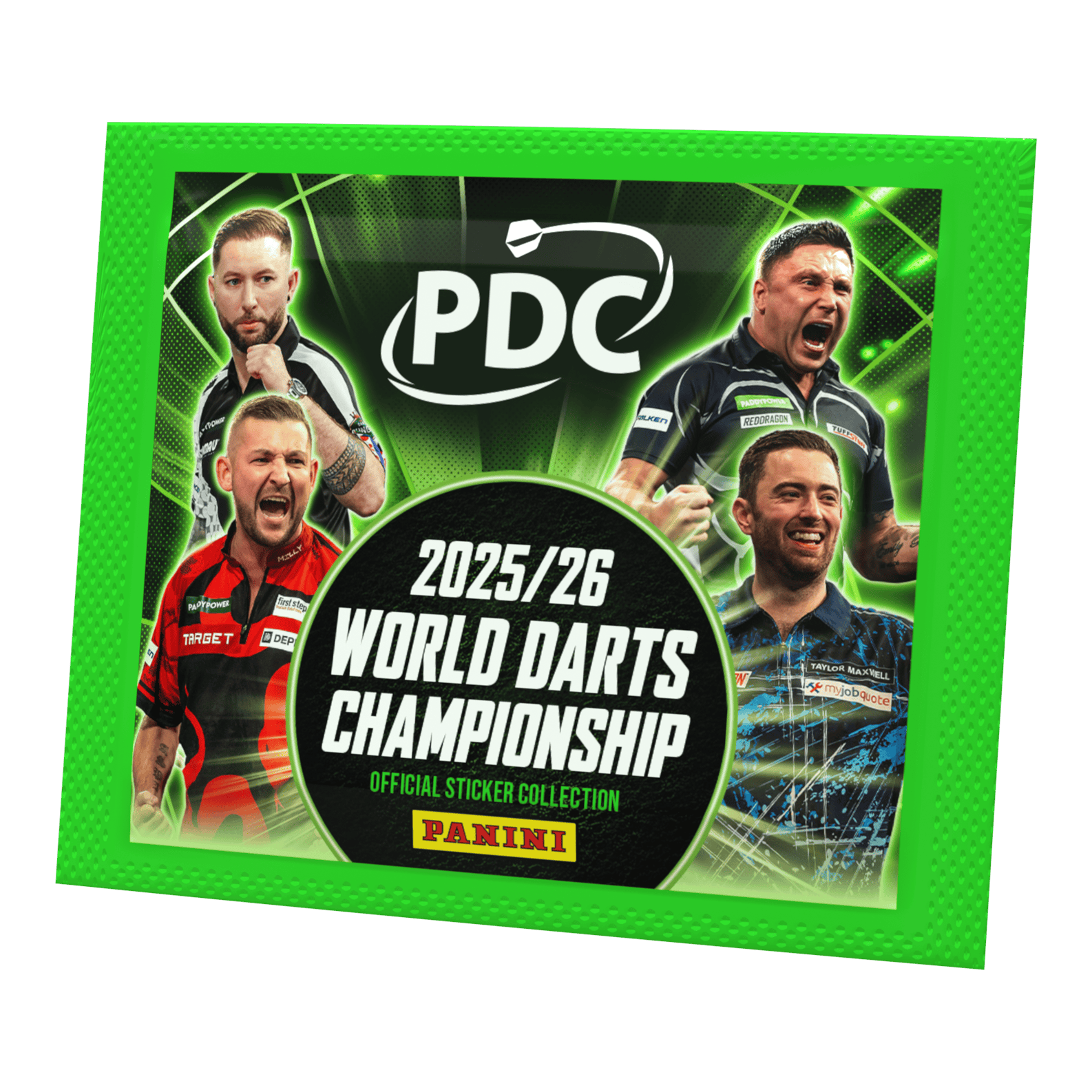 Panini PDC World Darts Championship 2025/26 - Sticker Pack. Die Packung enthält Sticker für das Sammelalbum der Darts-Weltmeisterschaft.