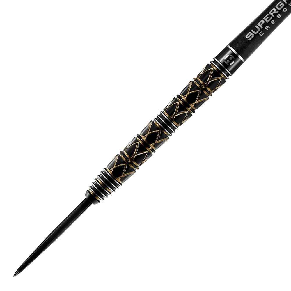 HA29044_Harrows_Taipan_Steeldarts_2 Das Bild zeigt einen Harrows Taipan Steeldart mit einem schwarzen und goldenen, strukturierten Griff. Die Spitze ist aus Metall und der Schaft trägt die Aufschrift „SUPERGRIP CARBON“.