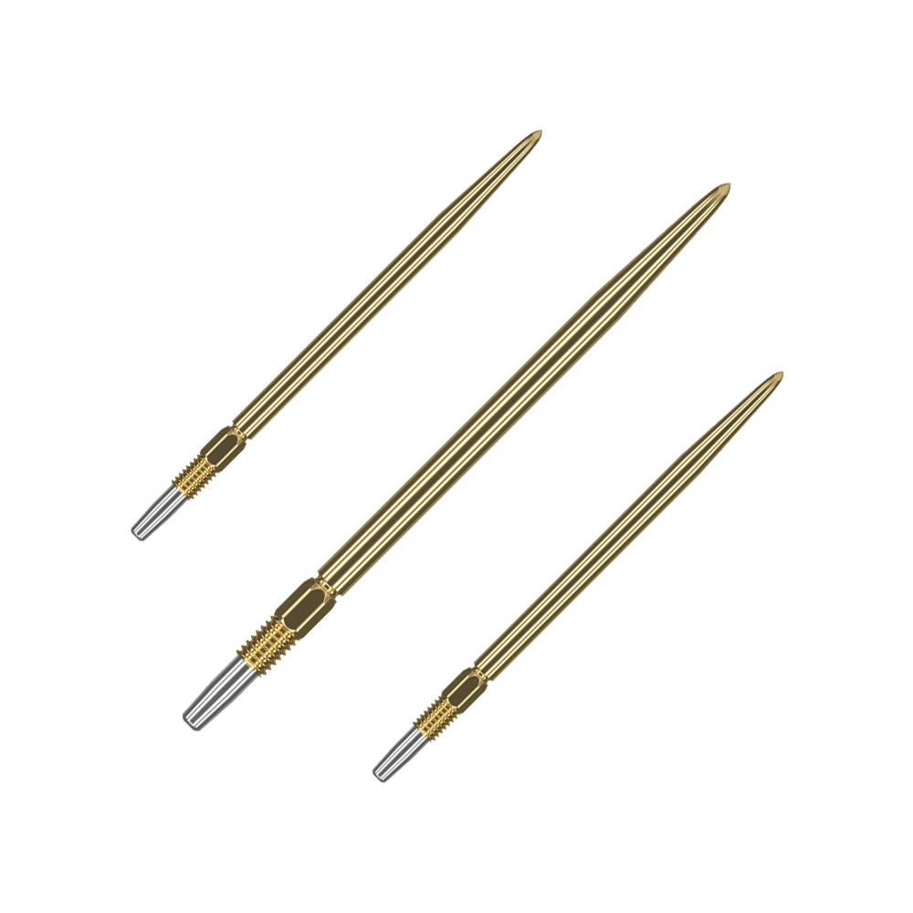 Target Swiss Point Gold Dartspitzen Auf dem Bild sind drei goldene Dartspitzen zu sehen. Sie haben ein geriffeltes silbernes Endstück zur Befestigung.