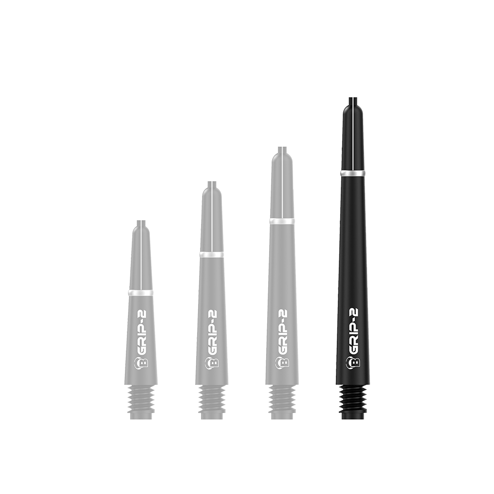 Das Bild zeigt vier schwarze Bulls B-Grip-2 SL Shafts in unterschiedlichen Längen. Sie sind mit einem weißen Schriftzug und silbernen Ringen versehen.