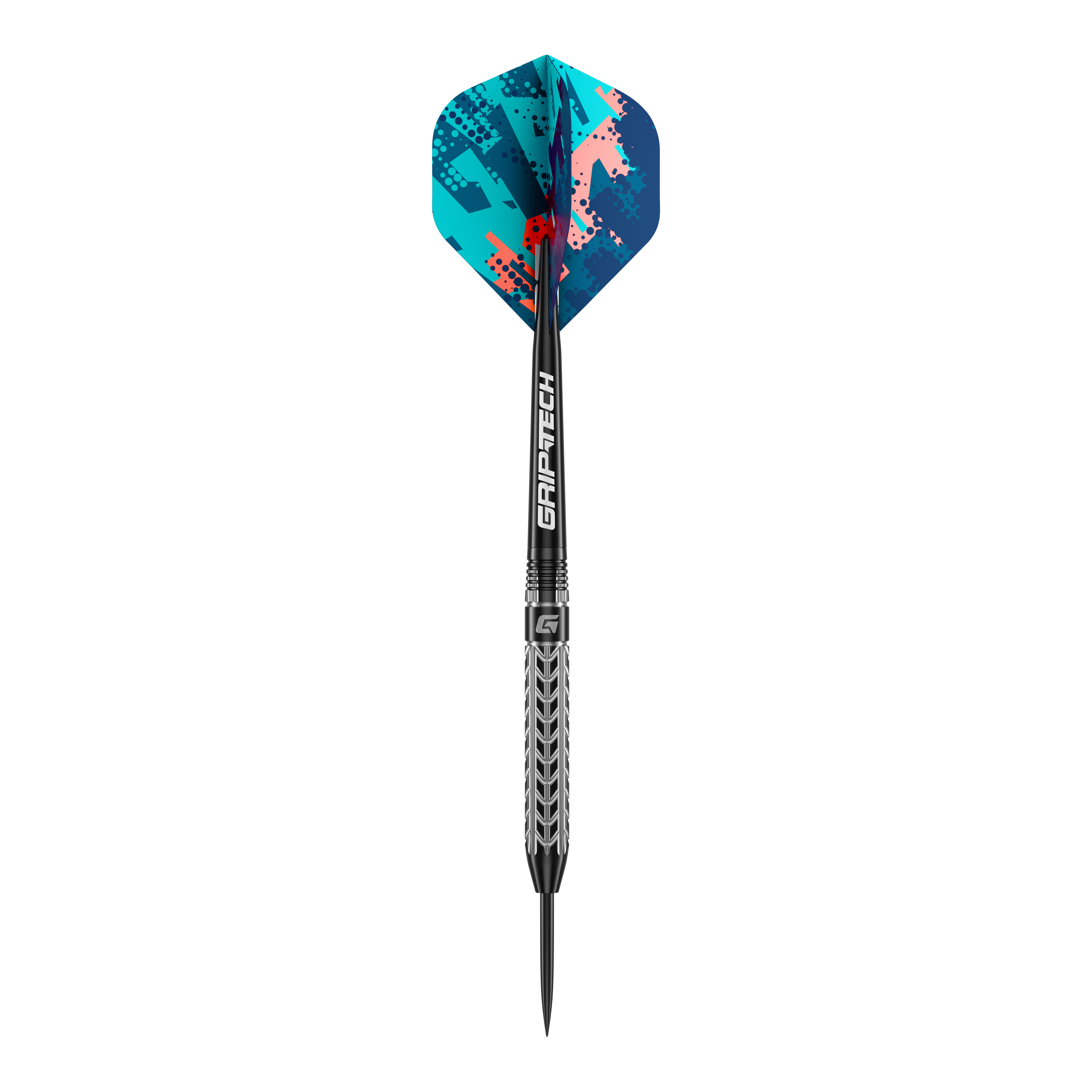 GOAT Traction Tungsten Steeldarts Das Bild zeigt einen GOAT Traction Tungsten Steeldart mit einem auffälligen, bunten Flight-Design. Der Dartpfeil hat einen silbernen Schaft mit feinen Gravuren und die Aufschrift "GRIPTECH".