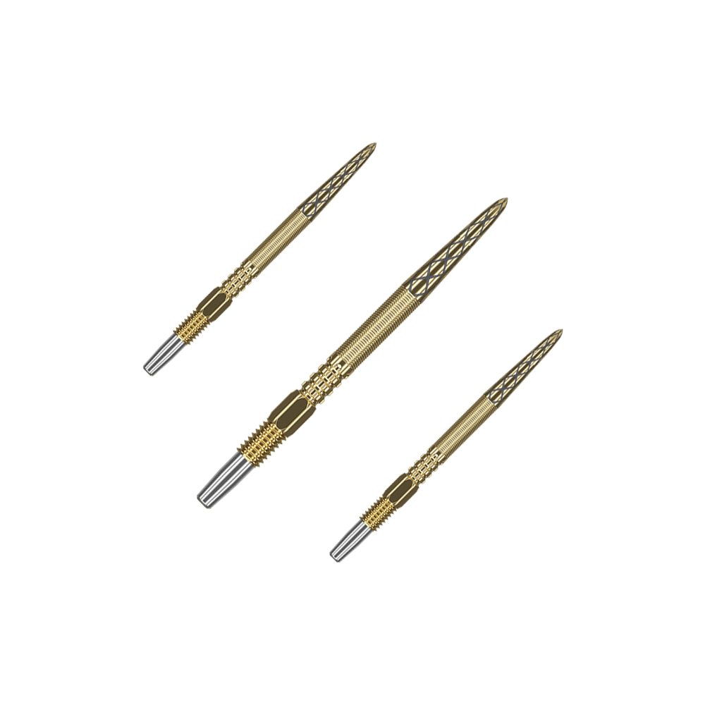 Auf dem Bild sind drei goldene Dartspitzen zu sehen. Sie liegen nebeneinander auf einem grünen Hintergrund.