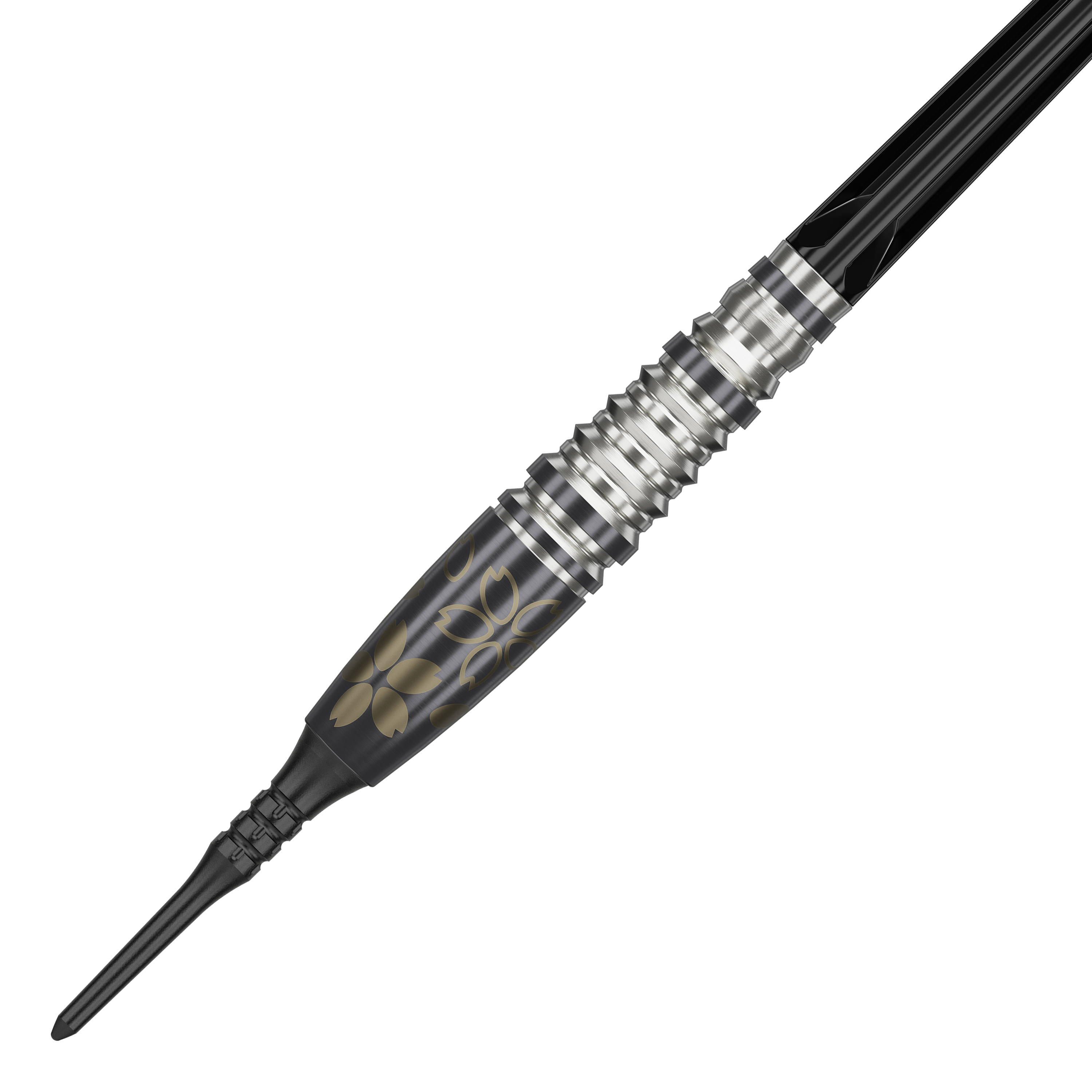 Das Bild zeigt einen Softdart namens "Target Japan Junya Koikawa Charm Smash GEN3" mit einem Gewicht von 18 Gramm. Der Dart hat ein elegantes Design mit silbernen Rillen und goldenen Blumenmustern auf einem schwarzen Hintergrund.