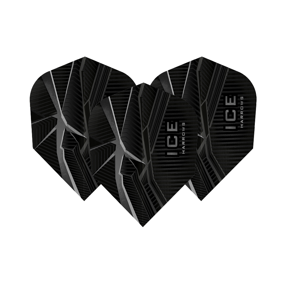 Das Bild zeigt drei schwarze Dart-Flights mit silbernen, eisähnlichen Mustern. Auf den Flights steht der Produktname "HARROWS ICE".