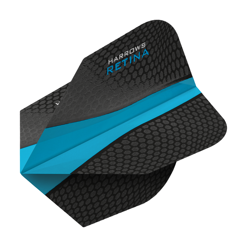 Das Bild zeigt ein Harrows Retina Aqua No6 Dart-Flight. Es ist überwiegend schwarz mit einem auffälligen blauen Streifen in der Mitte.