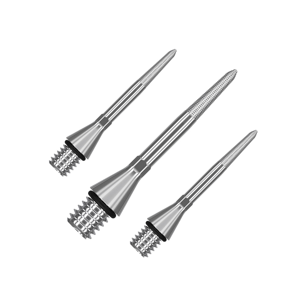 380168_Target_Titanium_Swiss_Point_Nano_Conversion_Points_Silber_26mm_10CnNkOofHBe61 Das Bild zeigt drei silberne Target Swiss Point Nano Conversion Points. Sie sind speziell geformte Spitzen für Dartpfeile.