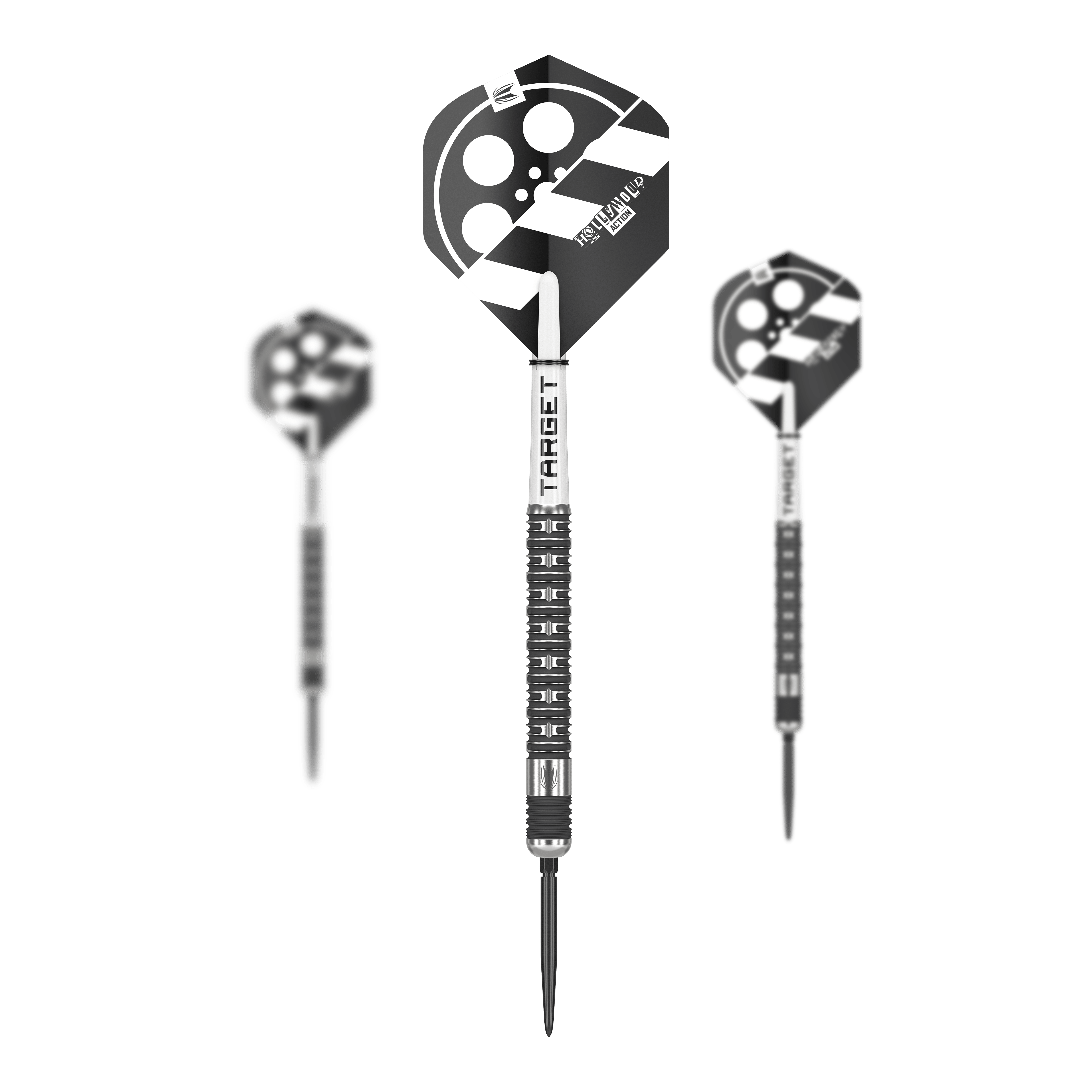 Das Bild zeigt drei Steeldarts des Modells „Target Chris Dobey Hollywood Action Swiss Point“. Die Flights der Darts sind schwarz-weiß gestaltet und mit einem Filmklappen-Motiv bedruckt.