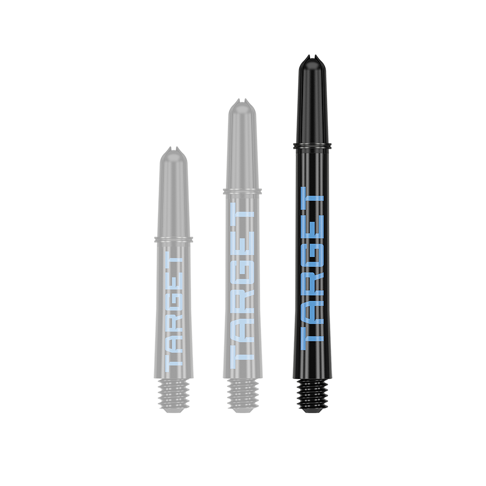 Auf dem Bild sind drei schwarze Dart-Schäfte in verschiedenen Längen zu sehen. Auf jedem Schaft steht das Wort "TARGET" in blauer Schrift.