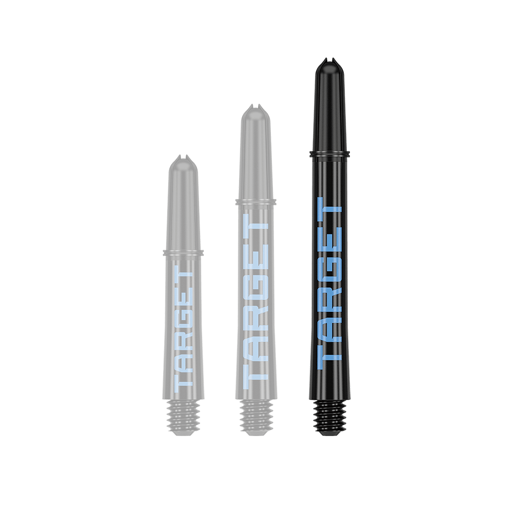 Target Pro Grip TAG Shafts - 3 Sets - Schwarz Blau Auf dem Bild sind drei schwarze Dart-Schäfte in verschiedenen Längen zu sehen. Auf jedem Schaft steht das Wort "TARGET" in blauer Schrift.