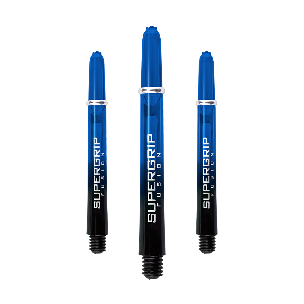 Das Bild zeigt drei blaue Harrows Supergrip Fusion Shafts. Sie sind Dartschäfte mit dem Aufdruck "SUPERGRIP FUSION" in weißer Schrift.