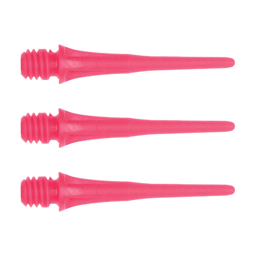 Das Bild zeigt drei pinke Dartspitzen des Produkts "Cosmo Fit Point Plus 2BA Spitzen 25mm". Sie sind nebeneinander angeordnet und haben ein Gewinde an einem Ende.