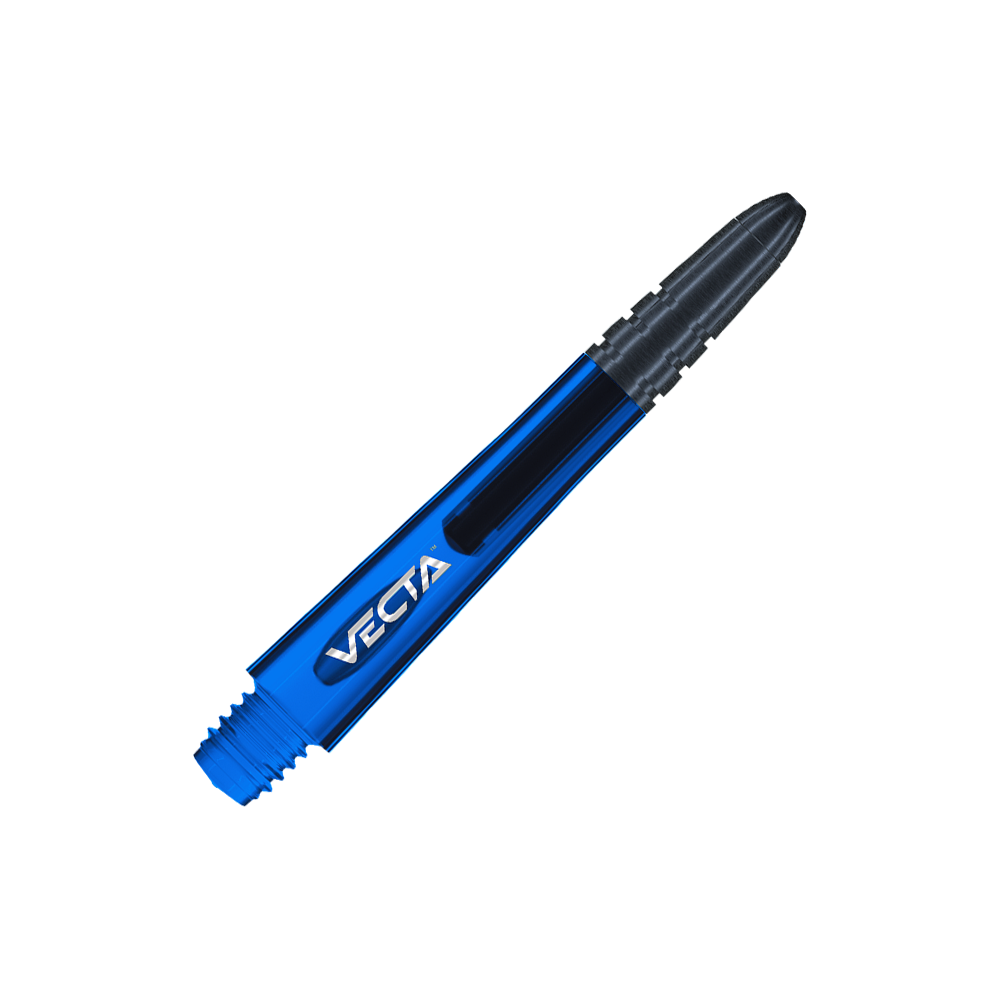 Das Bild zeigt einen blauen Winmau Vecta Shaft für Darts. Im Hintergrund sind blaue und graue Linien zu sehen.