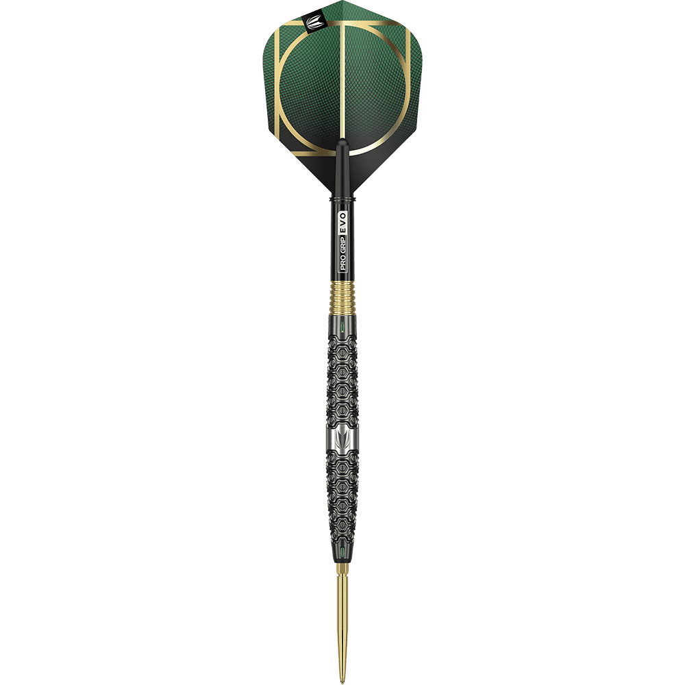 190201_Target_Cult_01_Swiss_Point_Steeldarts_1JvCG3dCEhscVF Das Bild zeigt einen Target Cult 01 Swiss Point Steeldart mit einem kunstvoll verzierten Griff. Die Flights sind grün mit goldenen Akzenten gestaltet.