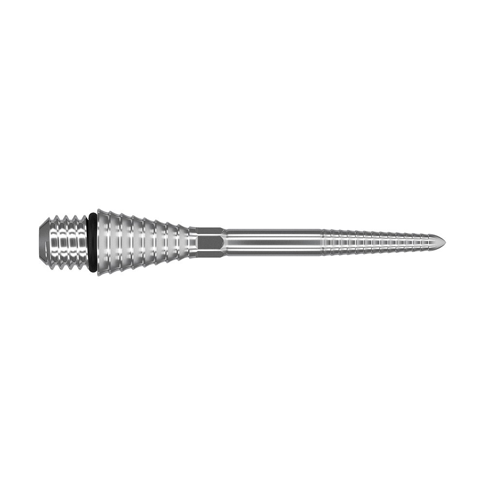 380181_Target_Titanium_Swiss_Point_Grooved_Conversion_Points_Silber_30mm_2 Das Bild zeigt eine silberne, gerillte Spitze aus Metall. Sie sieht präzise verarbeitet aus und hat eine spitz zulaufende Form.