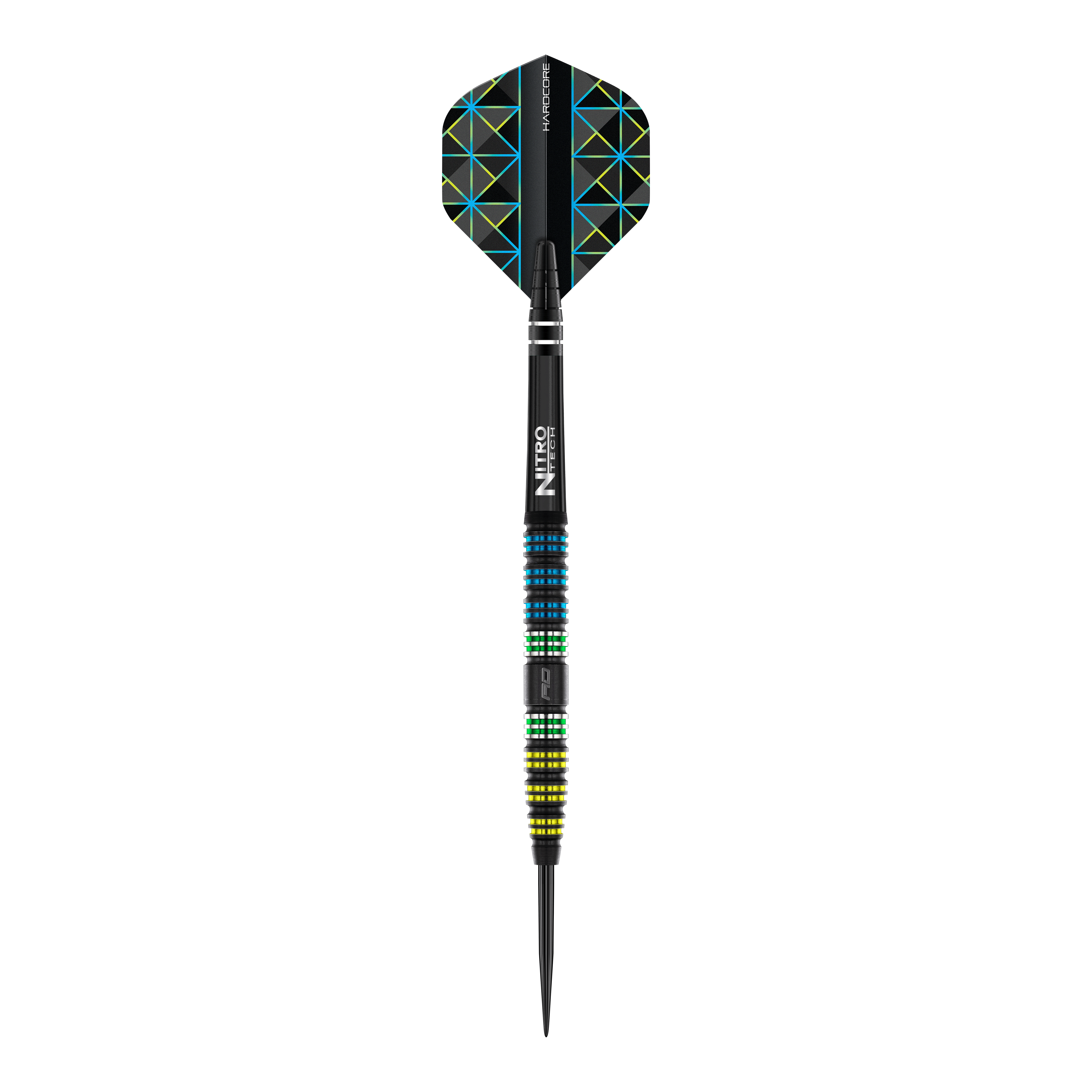 Das Bild zeigt einen Red Dragon Dragonfly 95 Black Tapered Steeldart. Der Dart hat ein schwarzes Design mit farbigen Ringen und geometrischen Mustern auf den Flights.